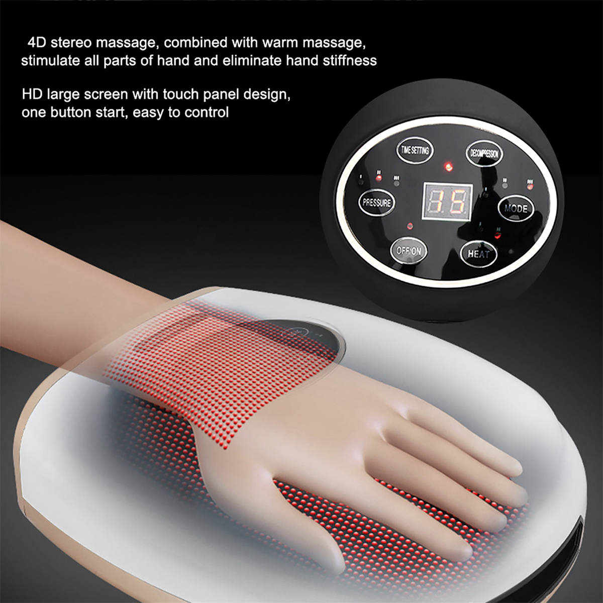 Handmassagegerät mit Bildschirm. Das Gerät steht auf einer weißen Oberfläche. Eine Hand wird in das Gerät gelegt.