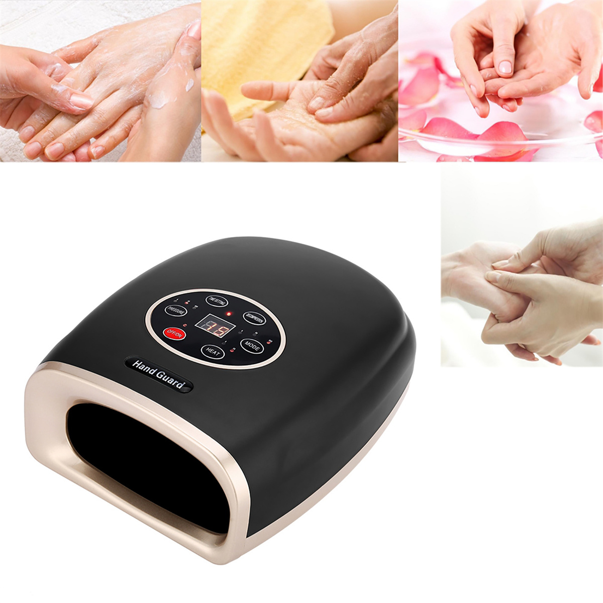 Bilder von Händen mit Creme, Massage und einer Nagellampe, die einen Maniküreprozess zeigen.