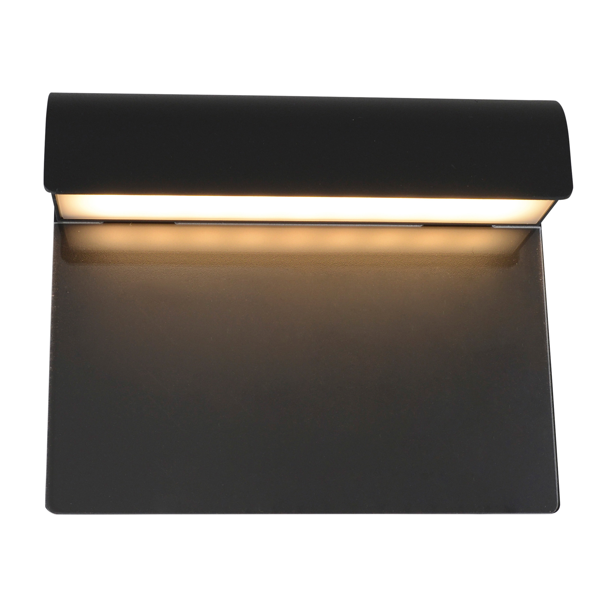 Schwarze, an der Wand befestigte Leuchte mit rechteckiger Basis und kleinem, hellem Licht.