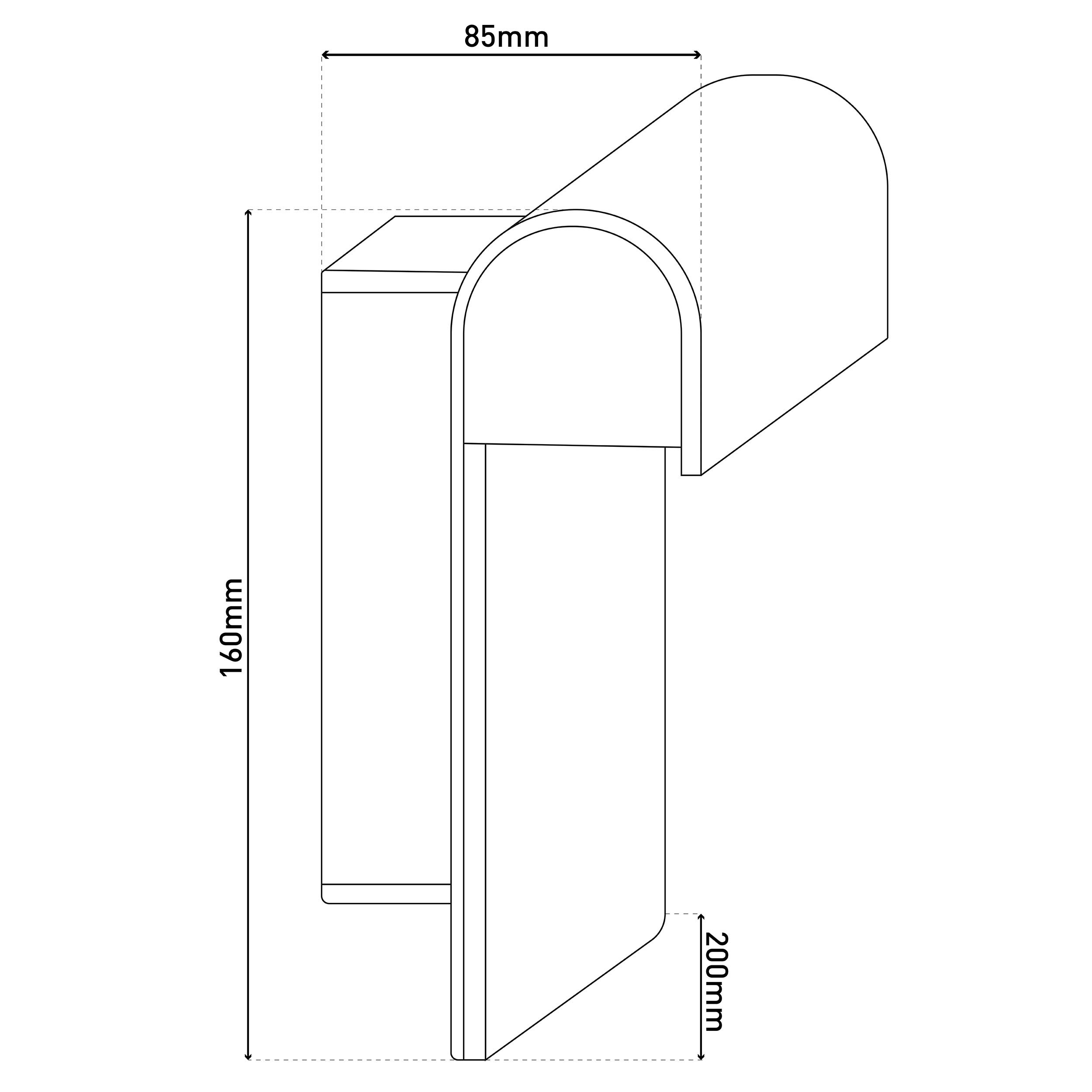 Eine Strichzeichnung eines Briefkastens mit Abmessungen. Die Abmessungen sind 160 mm, 85 mm und 200 mm.