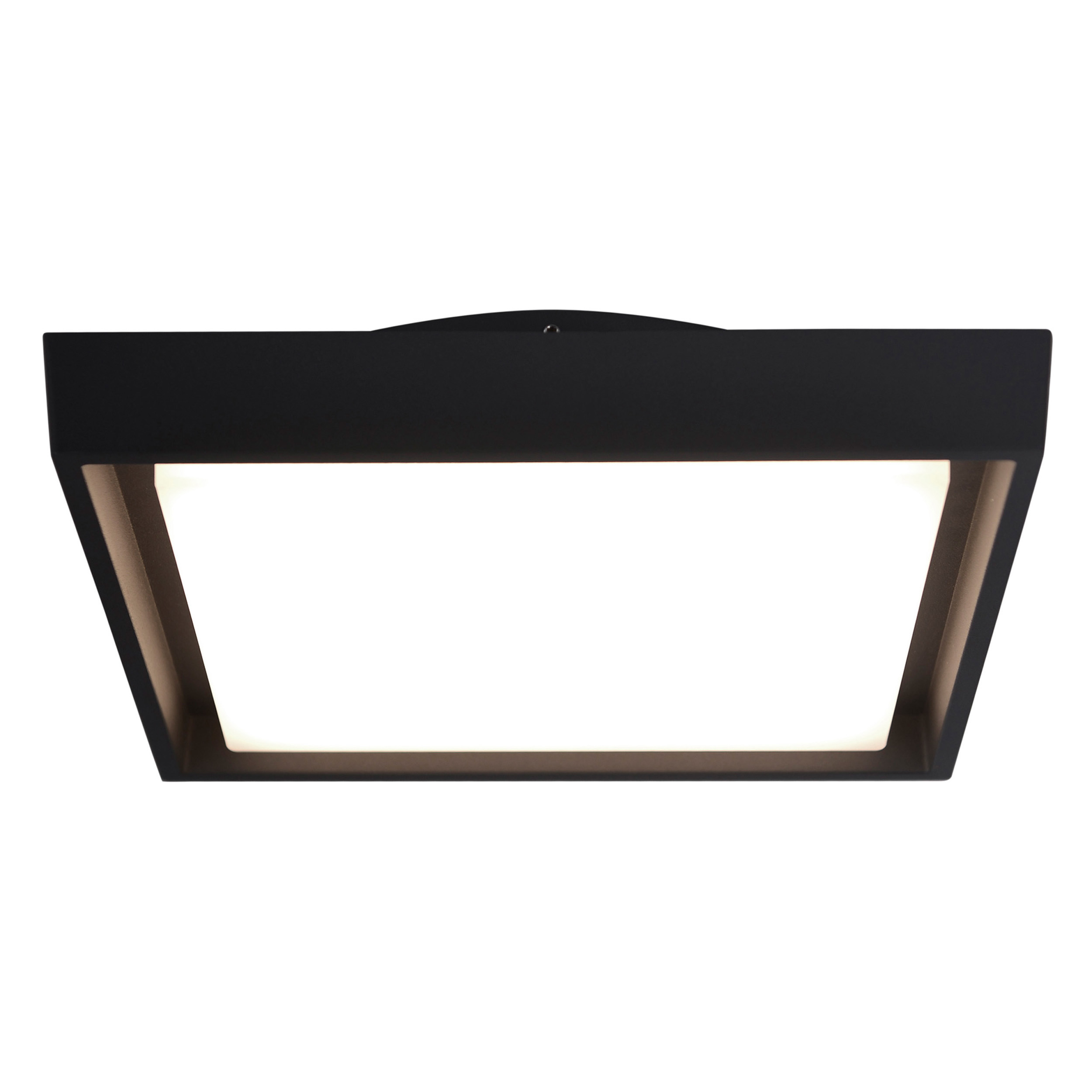 Schwarze, quadratische Deckenleuchte mit hellem, weißem Lichtpaneel.