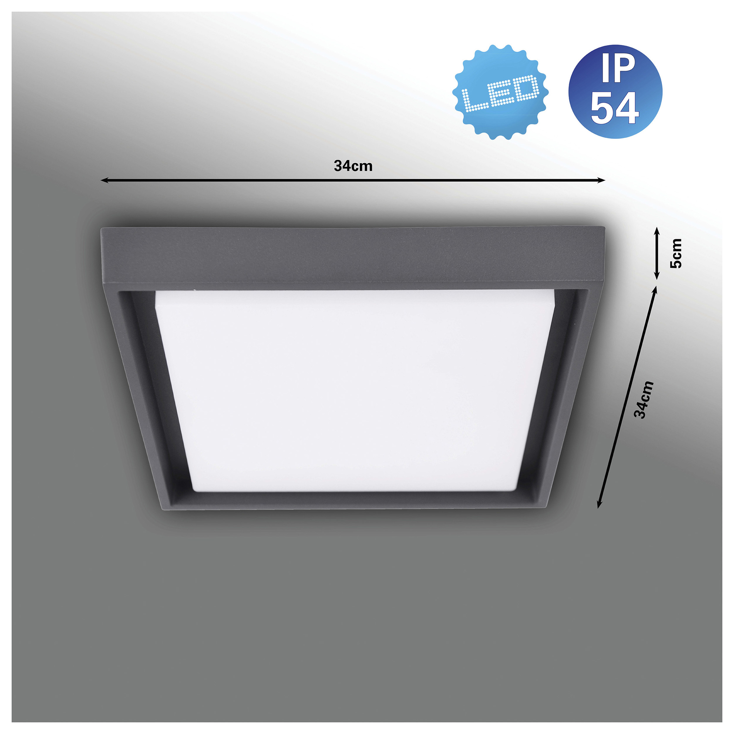 Eine quadratische LED-Deckenleuchte mit Abmessungen und den Kennzeichnungen LED und IP54.