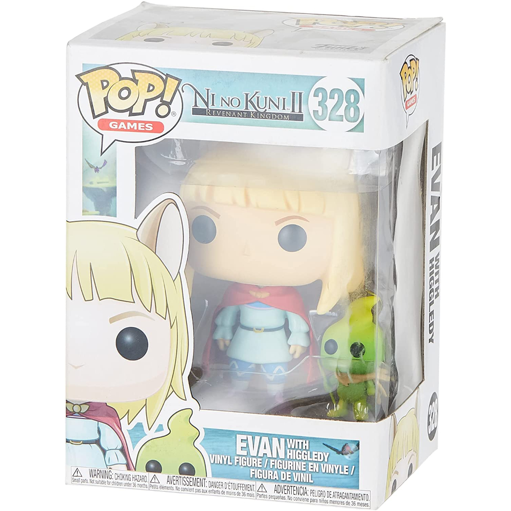 Funko Pop Figur von Evan mit Higgledy aus Ni no Kuni II, in einer Box.