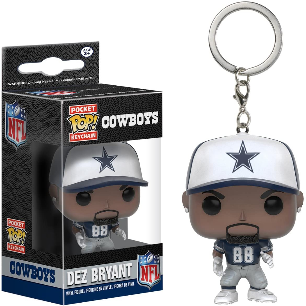 Pocket Pop! Cowboys Schlüsselanhängerfigur von Dez Bryant, in einer Box und als Schlüsselanhänger.