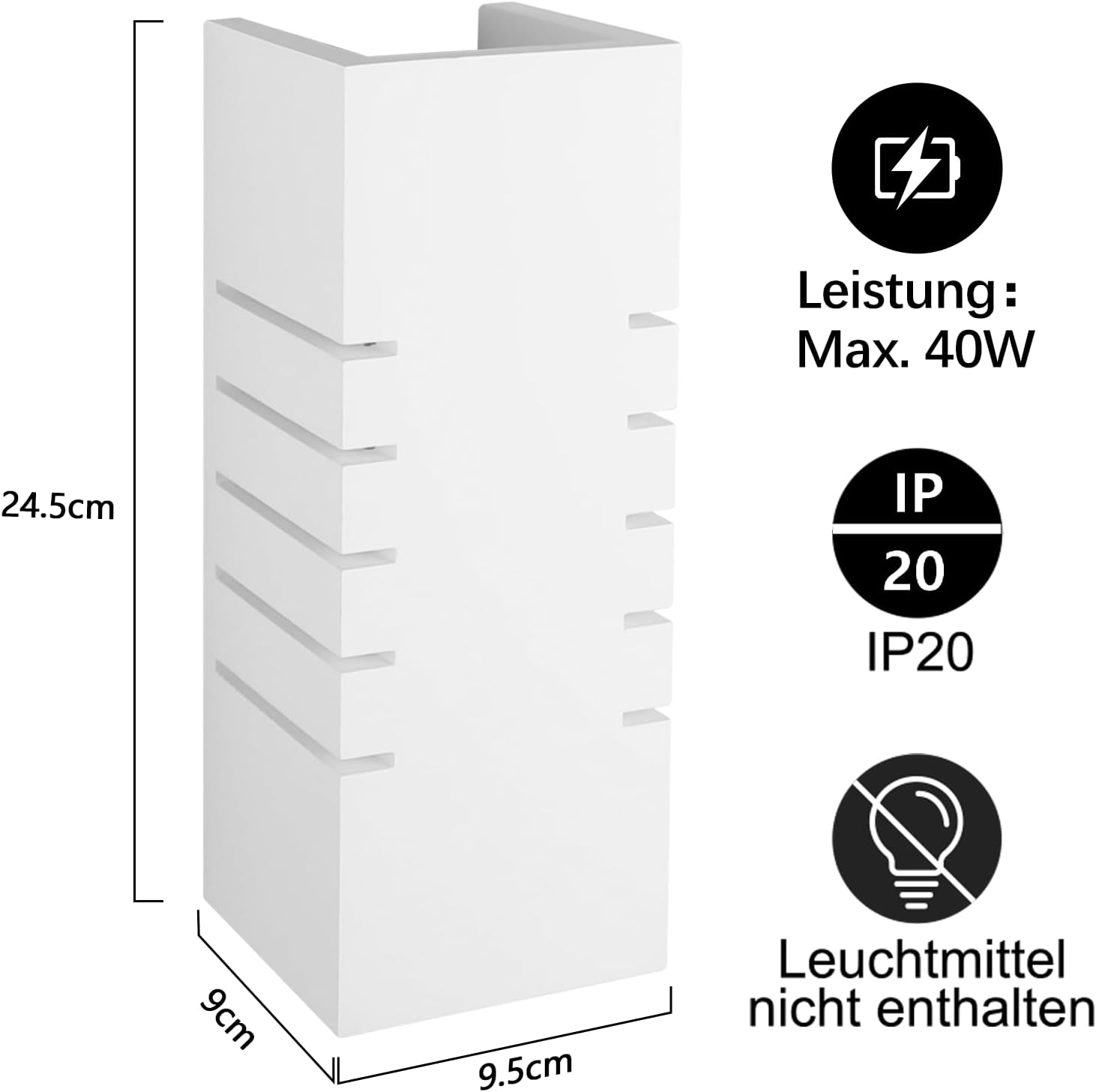 Luminaria blanca montada en la pared con dimensiones y especificaciones.