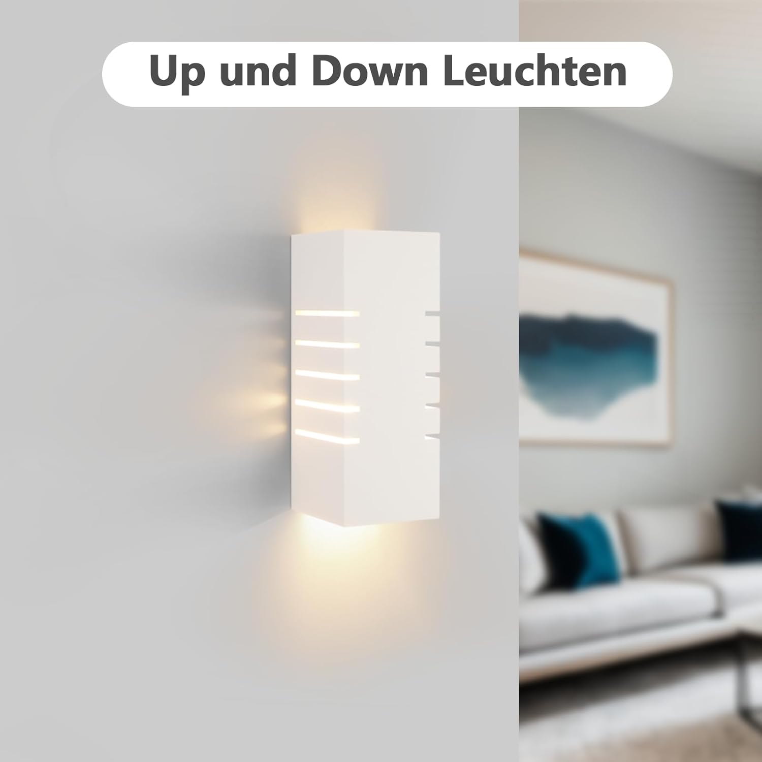 Lámpara de pared blanca con luz que emite hacia arriba y hacia abajo.