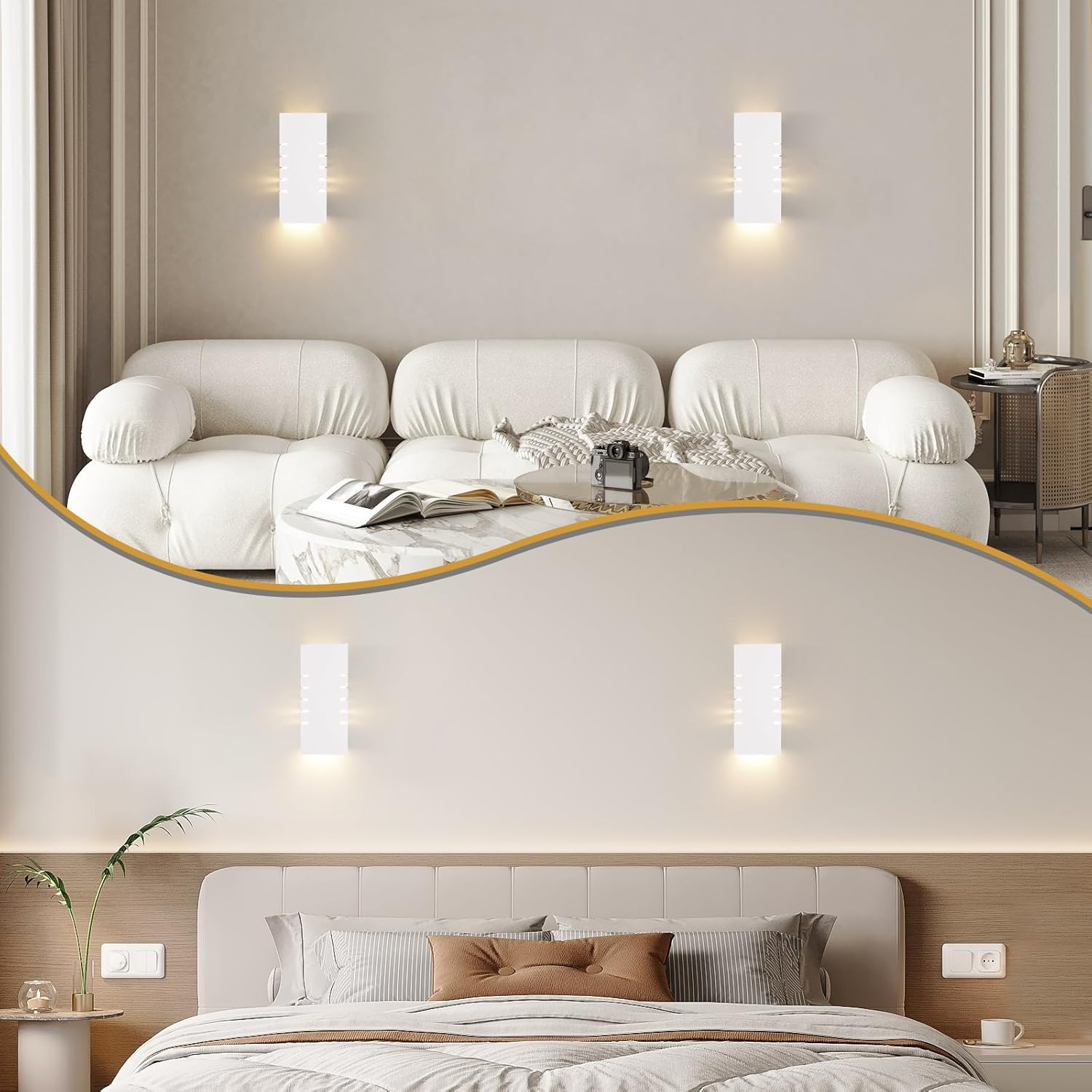 Dos conjuntos de luces de pared blancas en salón y dormitorio. Las luces están encendidas.