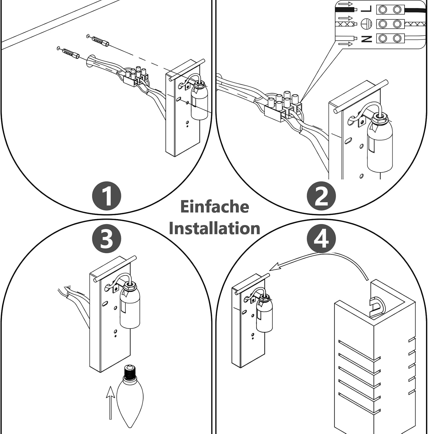 Instrucciones de cableado para una lámpara, mostrando los pasos 1 a 4.