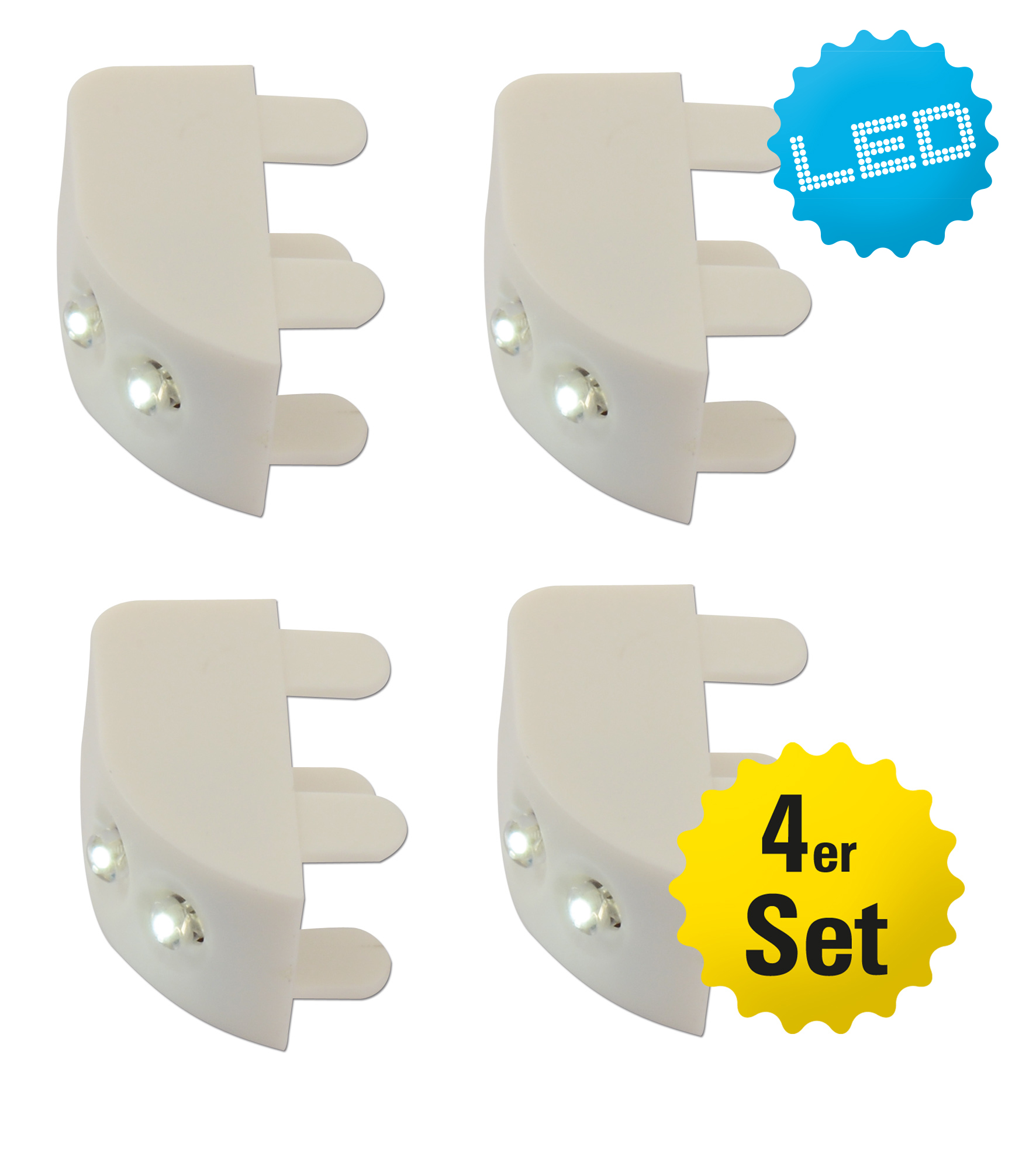 Vier weiße LED-Eckschützer, mit LED- und '4er Set'-Etiketten.