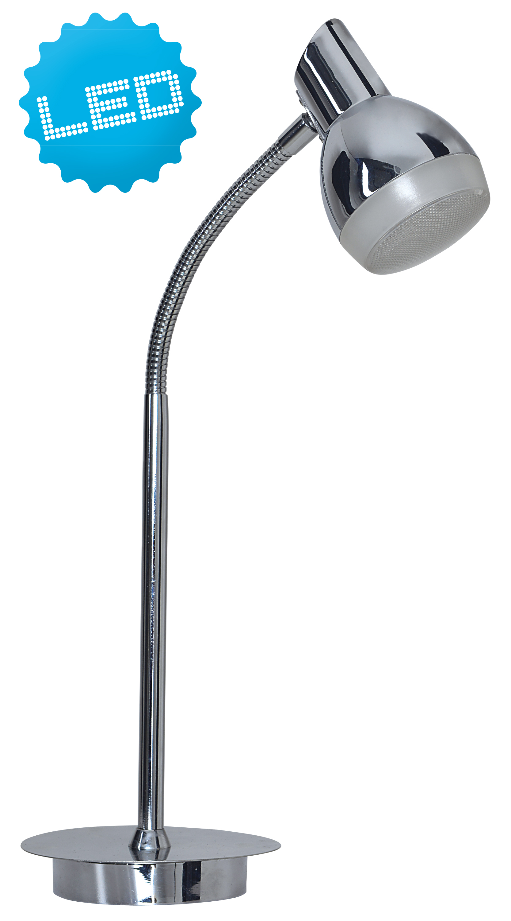 Silberne LED-Schreibtischlampe auf weißem Hintergrund. Die Lampe ist gebogen mit rundem Sockel.