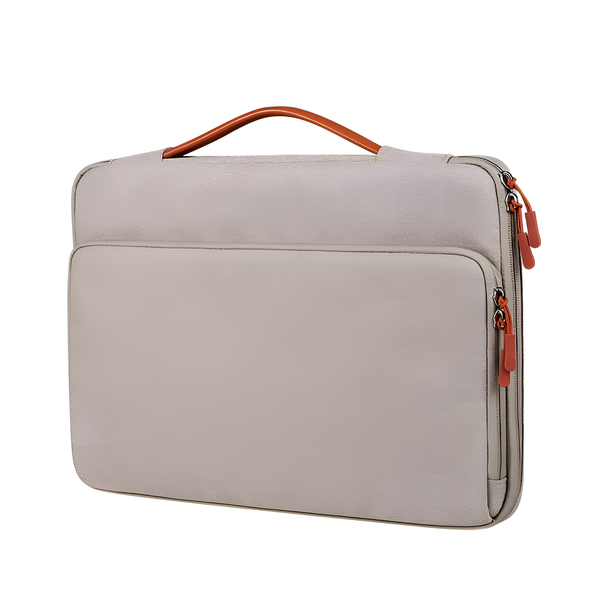 Eine hellgraue Laptoptasche mit braunem Griff und Reißverschlüssen. Auf der Vorderseite befindet sich eine Tasche.