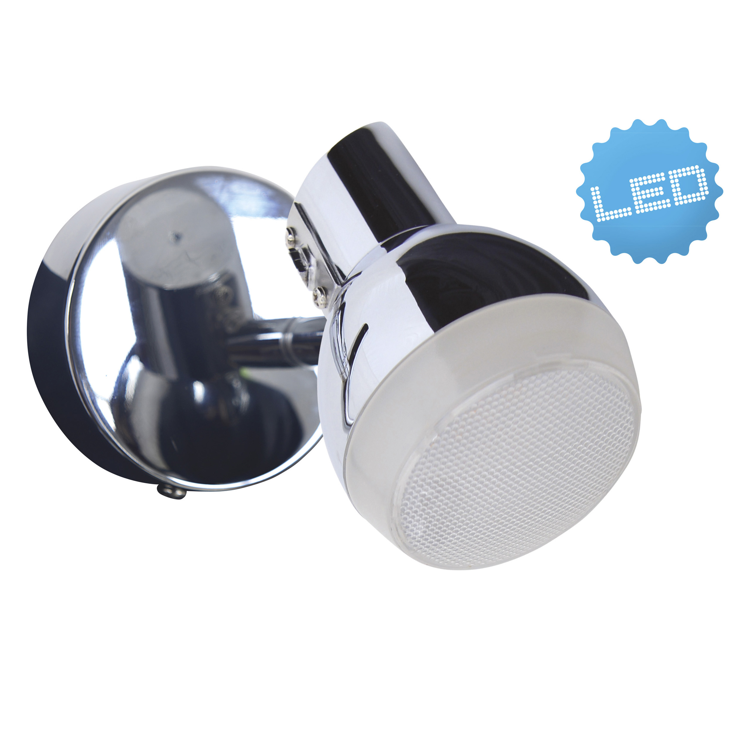 Ein chromfarbener LED-Spot. Das Licht ist auf einer weißen Oberfläche montiert und strahlt helles Licht aus.