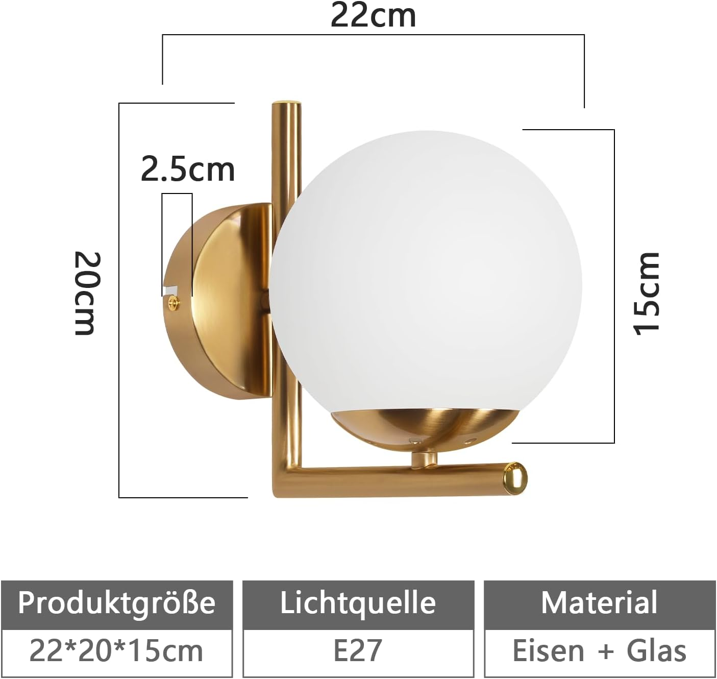 Złota lampa ścienna z okrągłym białym szklanym kloszem, z etykietami wymiarów.