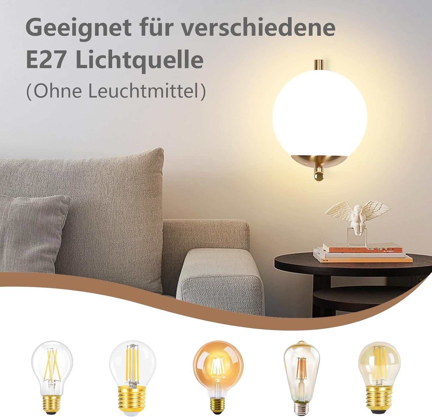 Lampa ścienna z szklaną kulą i kilkoma żarówkami E27 poniżej.