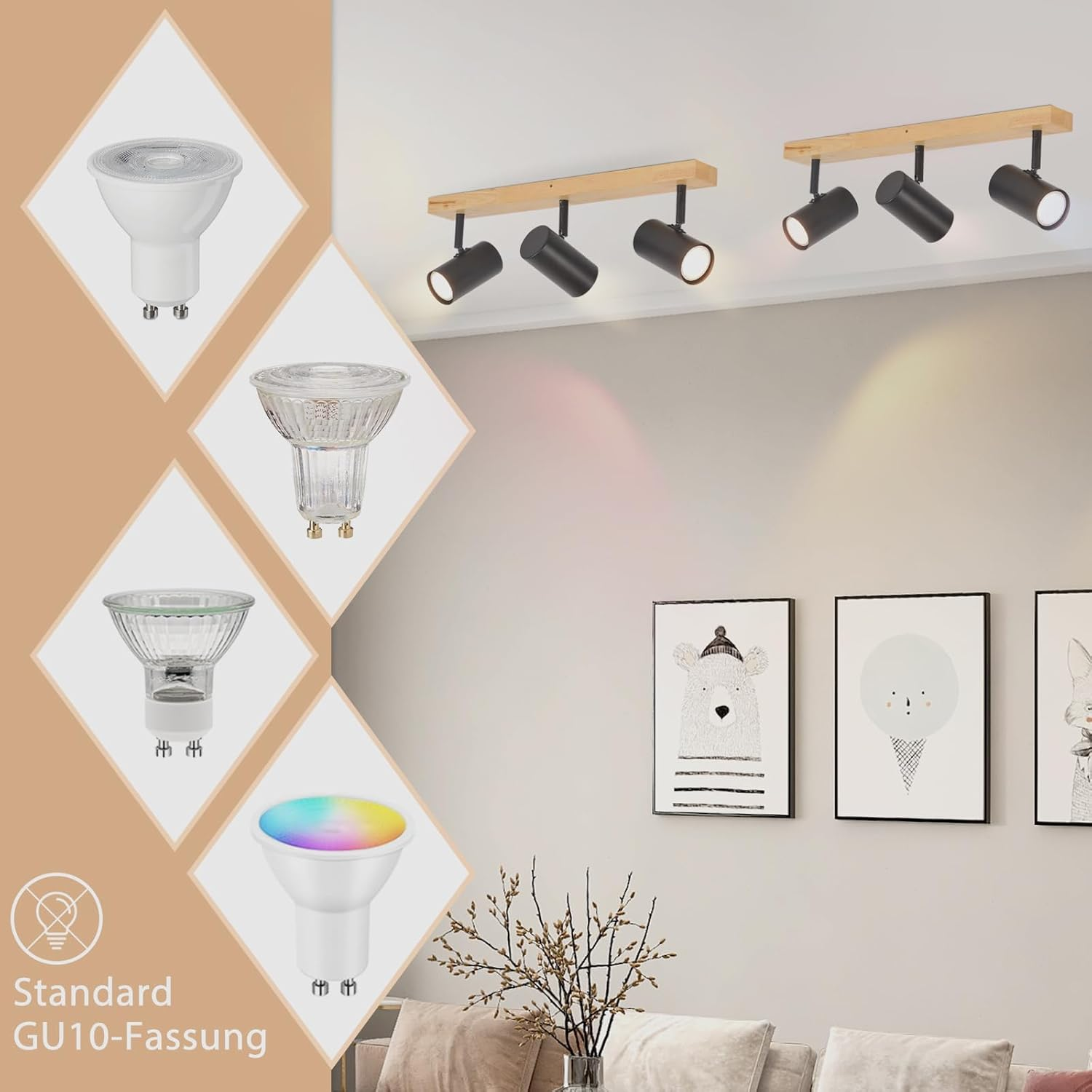 Un'esposizione di diverse lampadine GU10, accanto a una trave di legno con faretti e un divano.