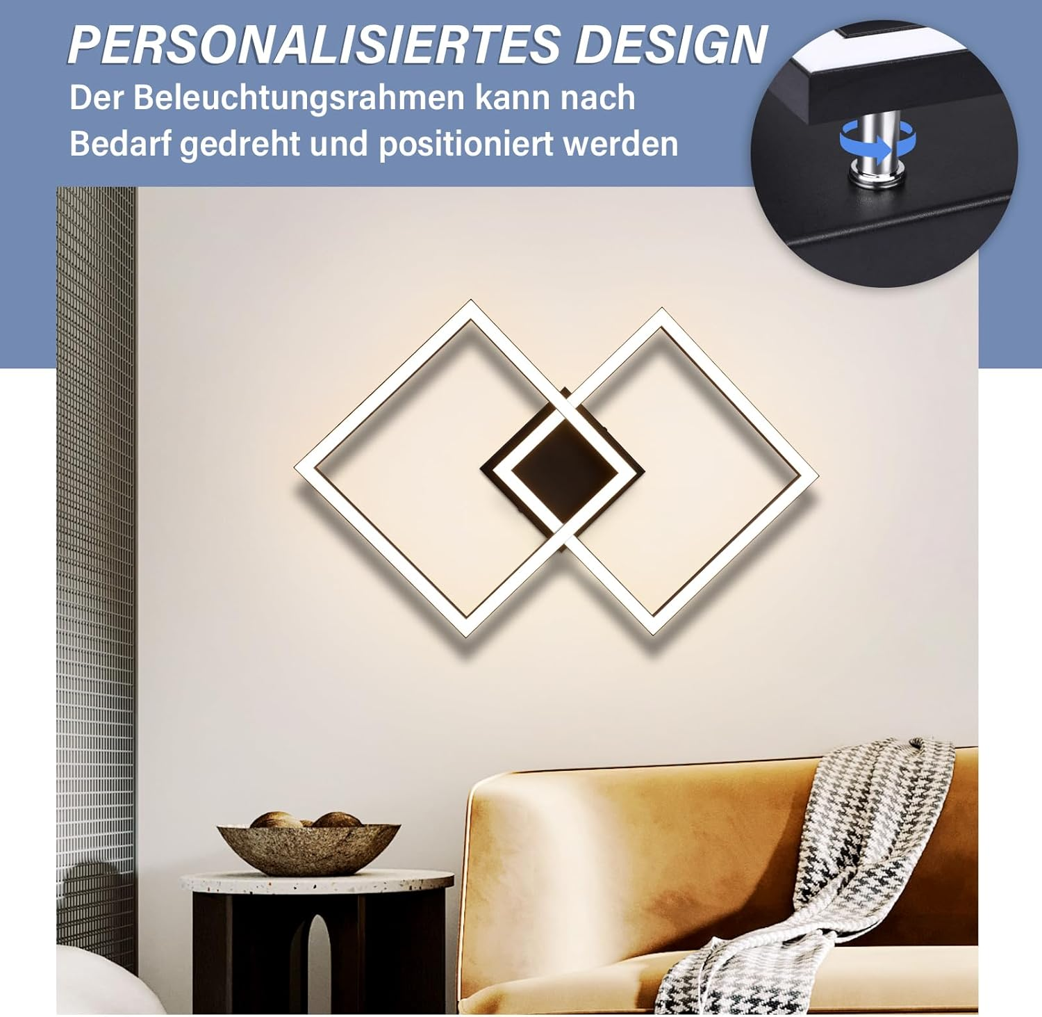 Luminaria de pared con dos cuadrados que se cruzan.
