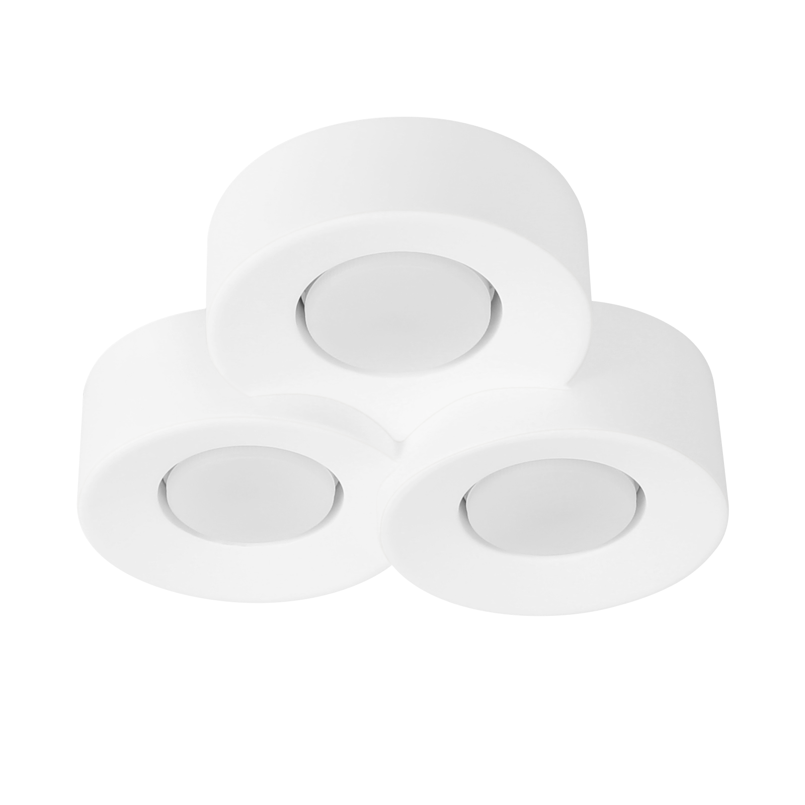 Tre lampade da soffitto bianche circolari, disposte a triangolo, che emettono una luce intensa verso il basso.