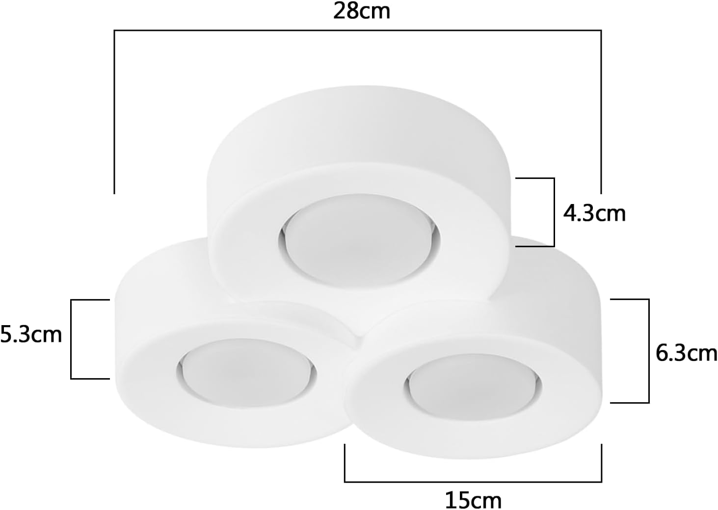 Una lámpara de techo blanca con tres luces circulares y dimensiones.