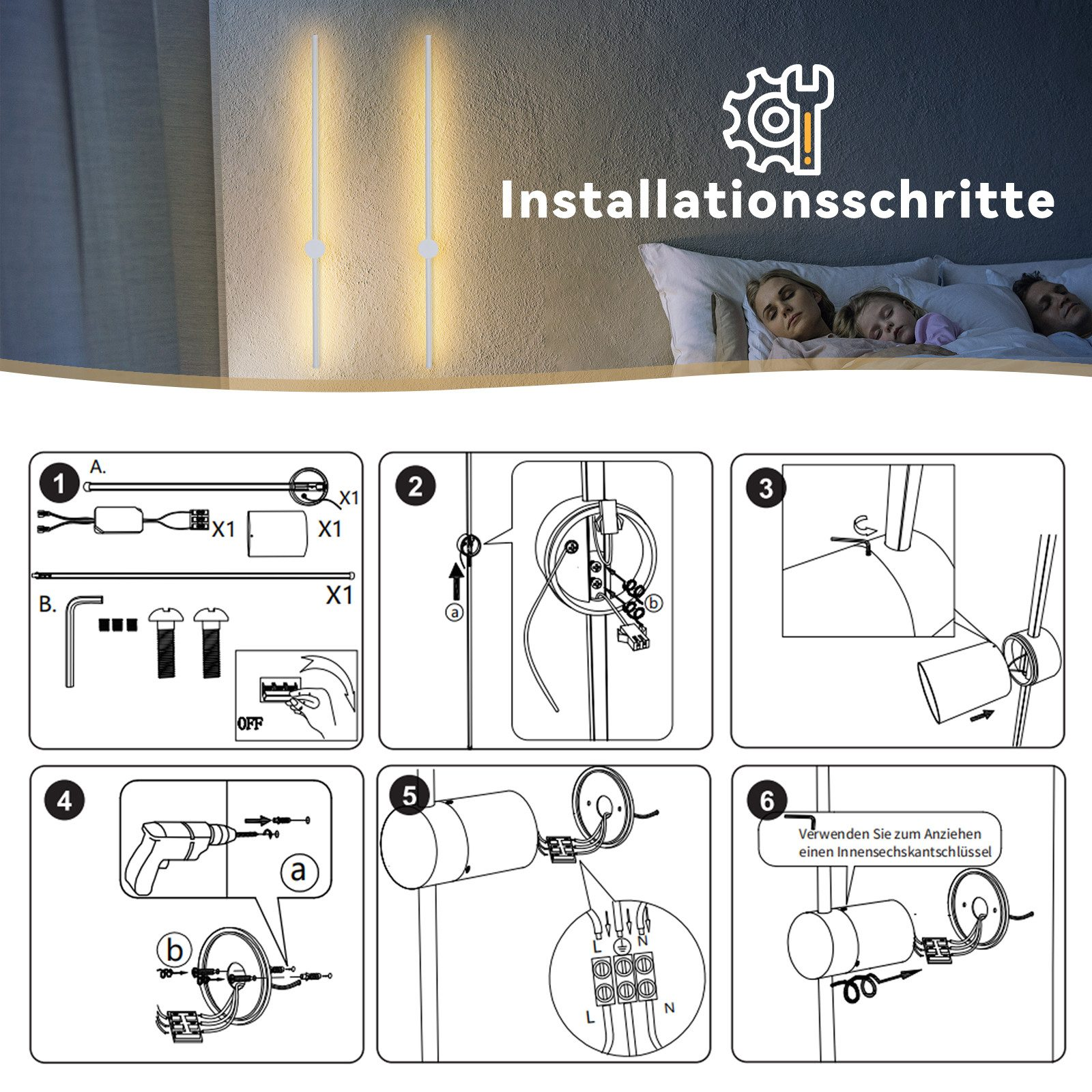 Diagramma dei passaggi di installazione. Mostra cablaggio e montaggio con famiglia che dorme sullo sfondo.