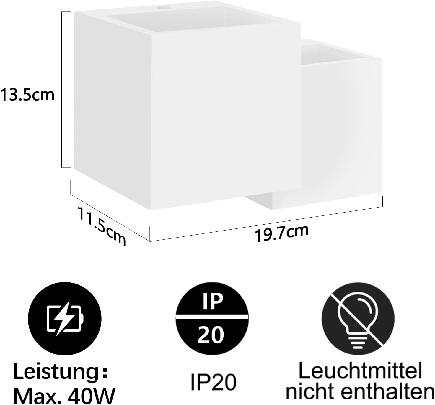 Lámpara blanca en forma de cubo. Dimensiones: 13,5 cm alto, 11,5 cm ancho y 19,7 cm largo. Se muestran especificaciones de energía.