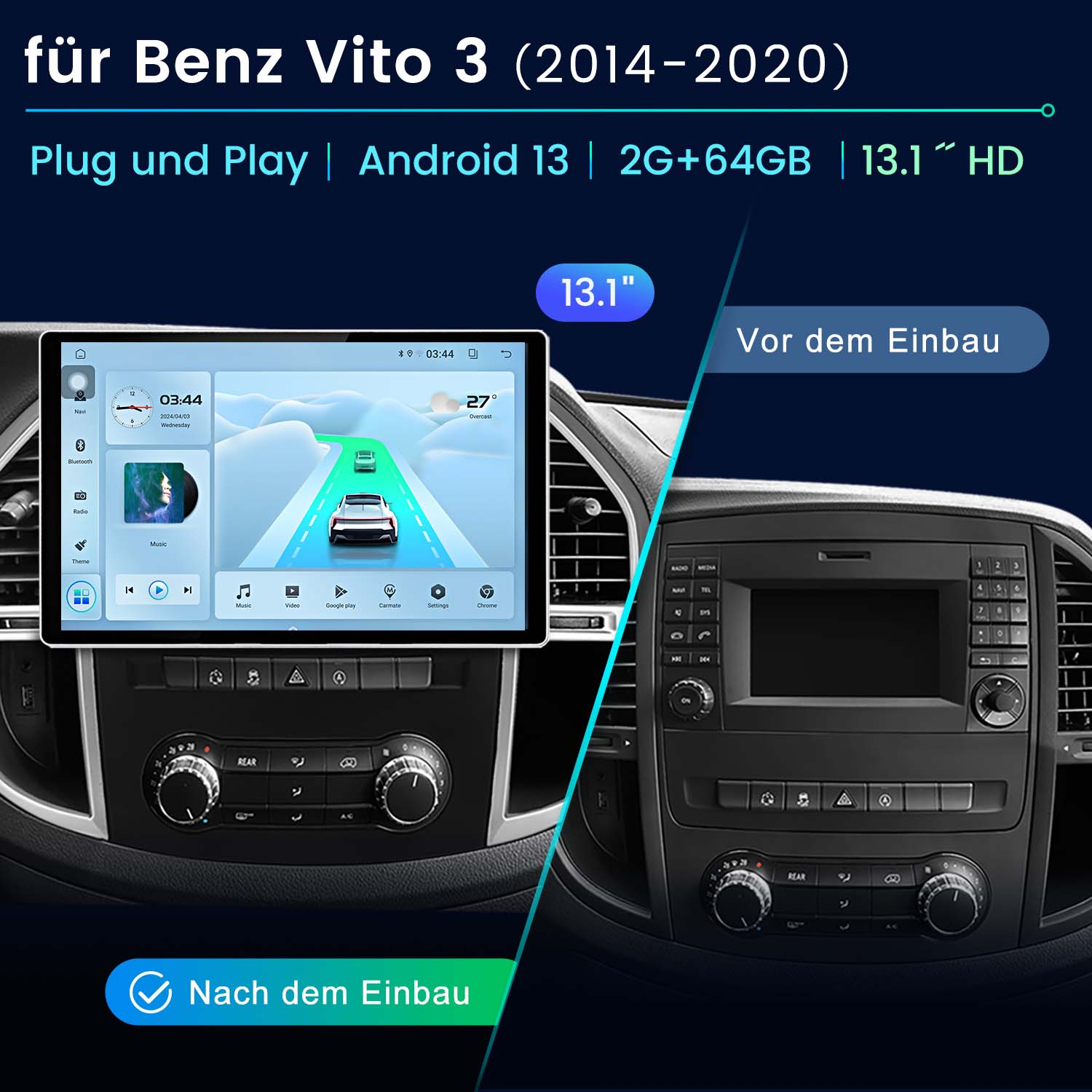Auto-Armaturenbrettbildschirm mit Navigation, mit Vorher-Nachher-Installation.
