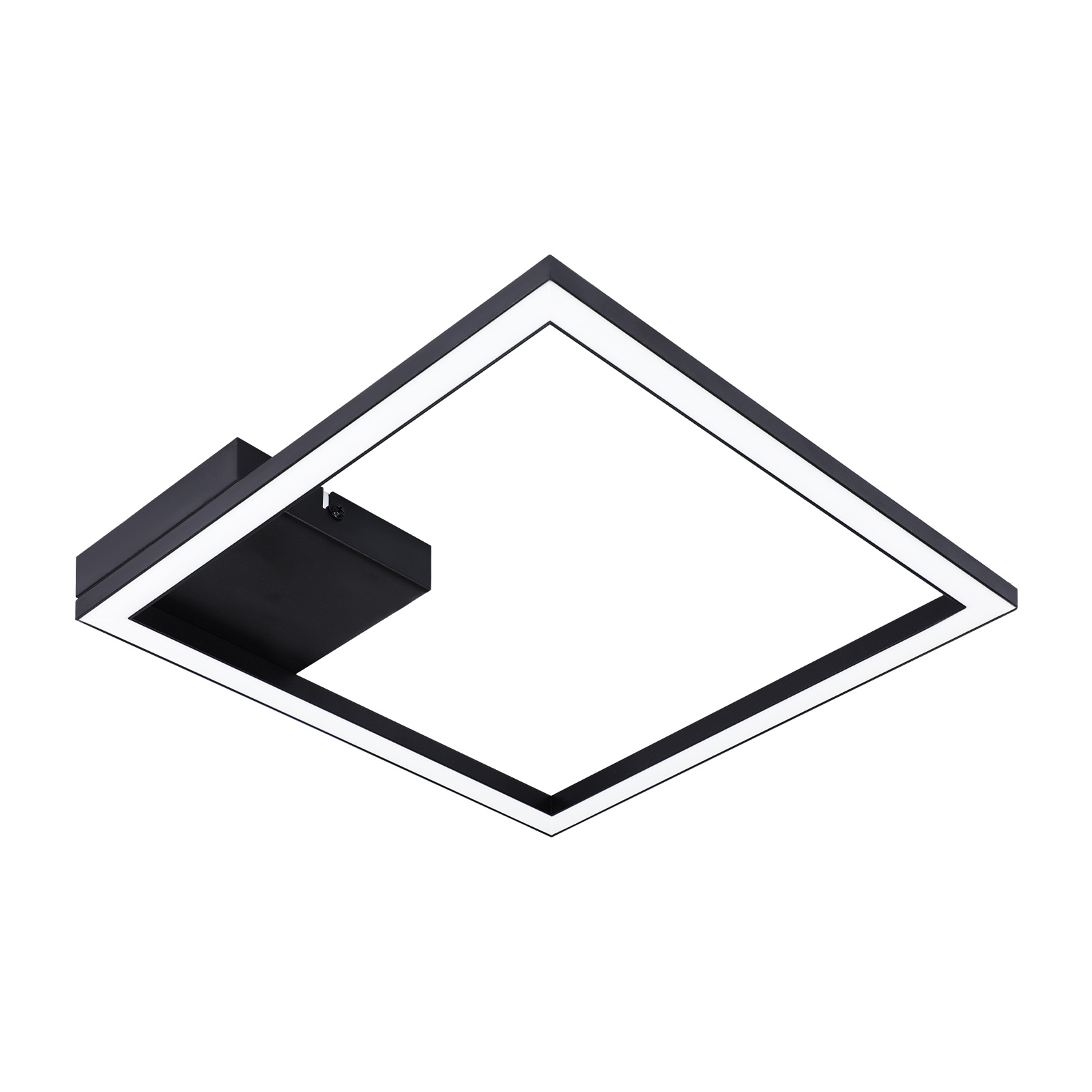 Luz de techo LED cuadrada. Marco negro con superficie iluminada blanca. Accesorio negro lateral.