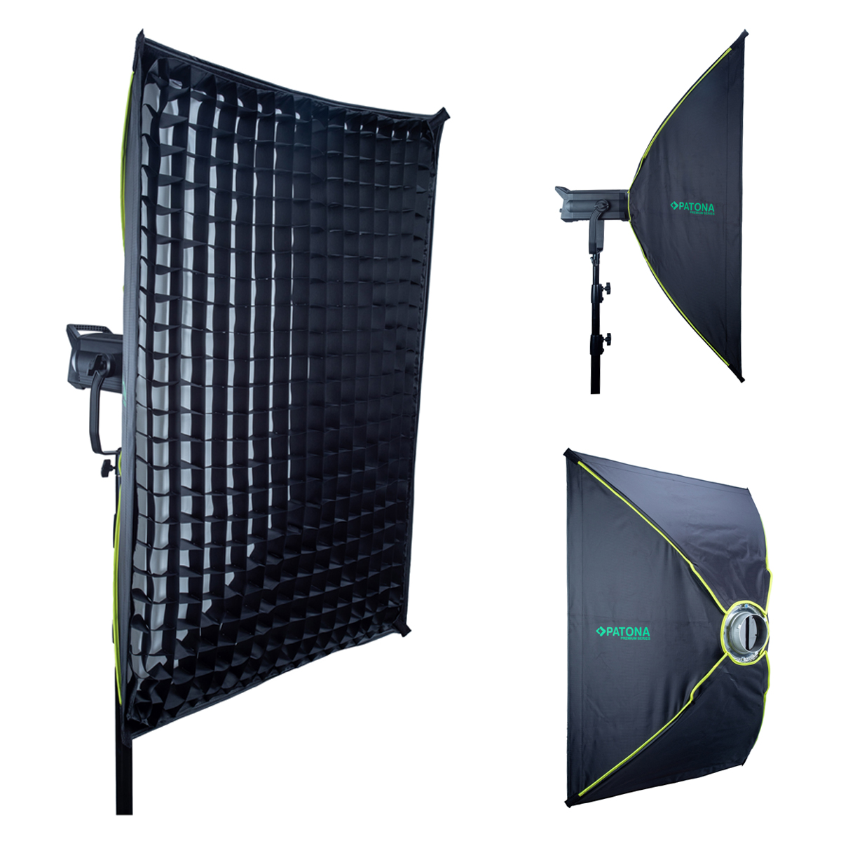 Drei Studio-Lichtdiffusoren, ein Raster, eine große Softbox und eine kleine.