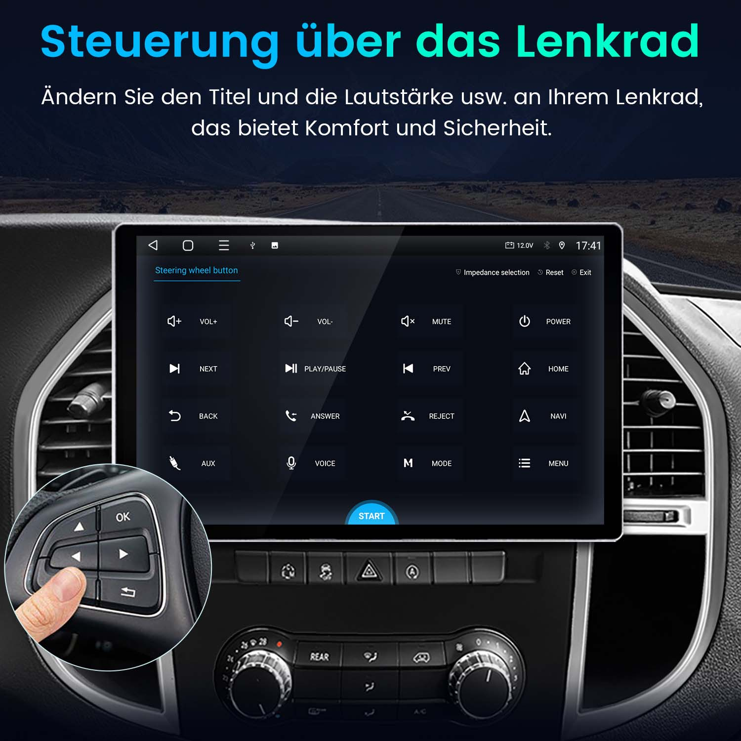 Auto-Multimedia-System mit Lenkradtastensteuerung. Bildschirm zeigt Oberfläche mit Schaltflächen.