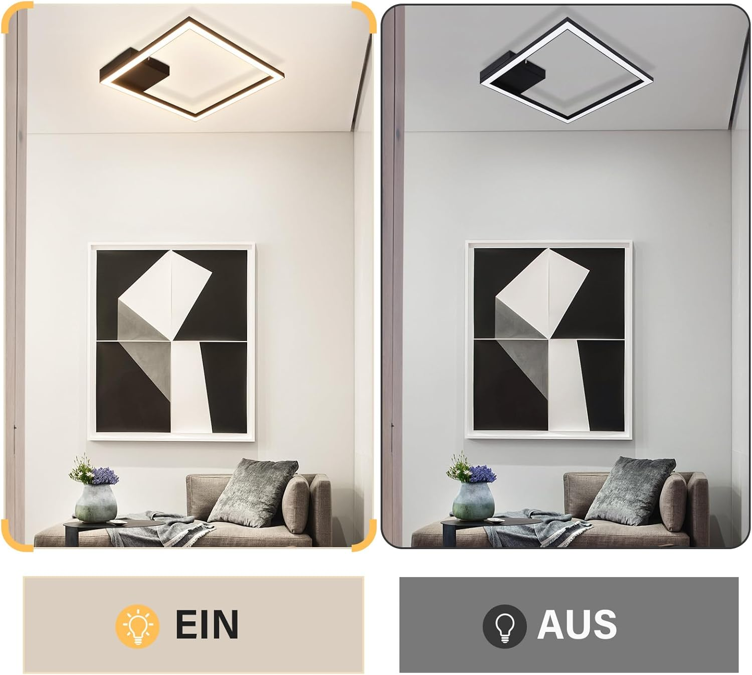 Dos imágenes de una habitación. Una con las luces encendidas, la otra con las luces apagadas. Las luces son cuadradas.