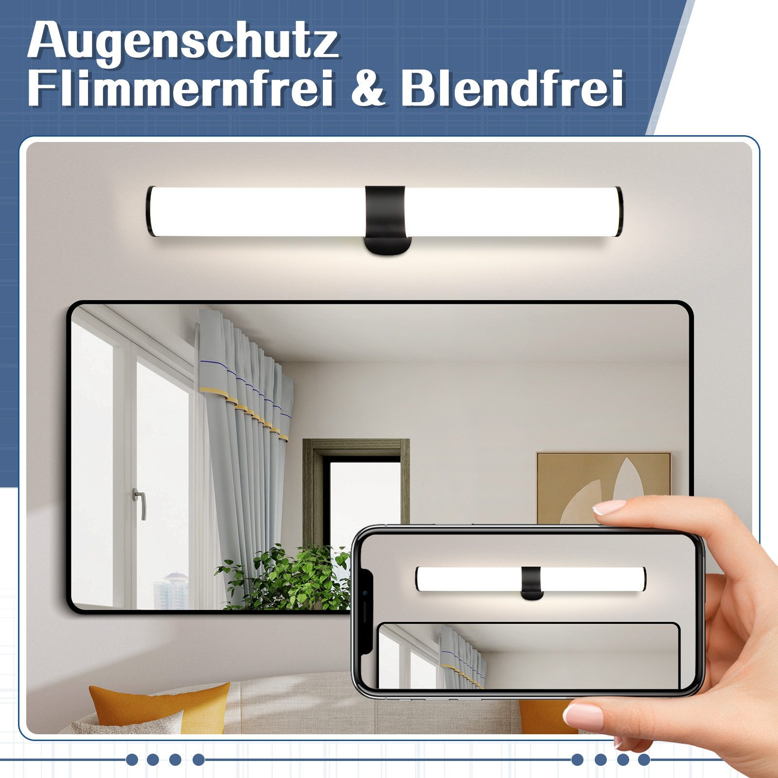 Un bagno moderno con un'apparecchio lungo e orizzontale sopra uno specchio e un telefono.