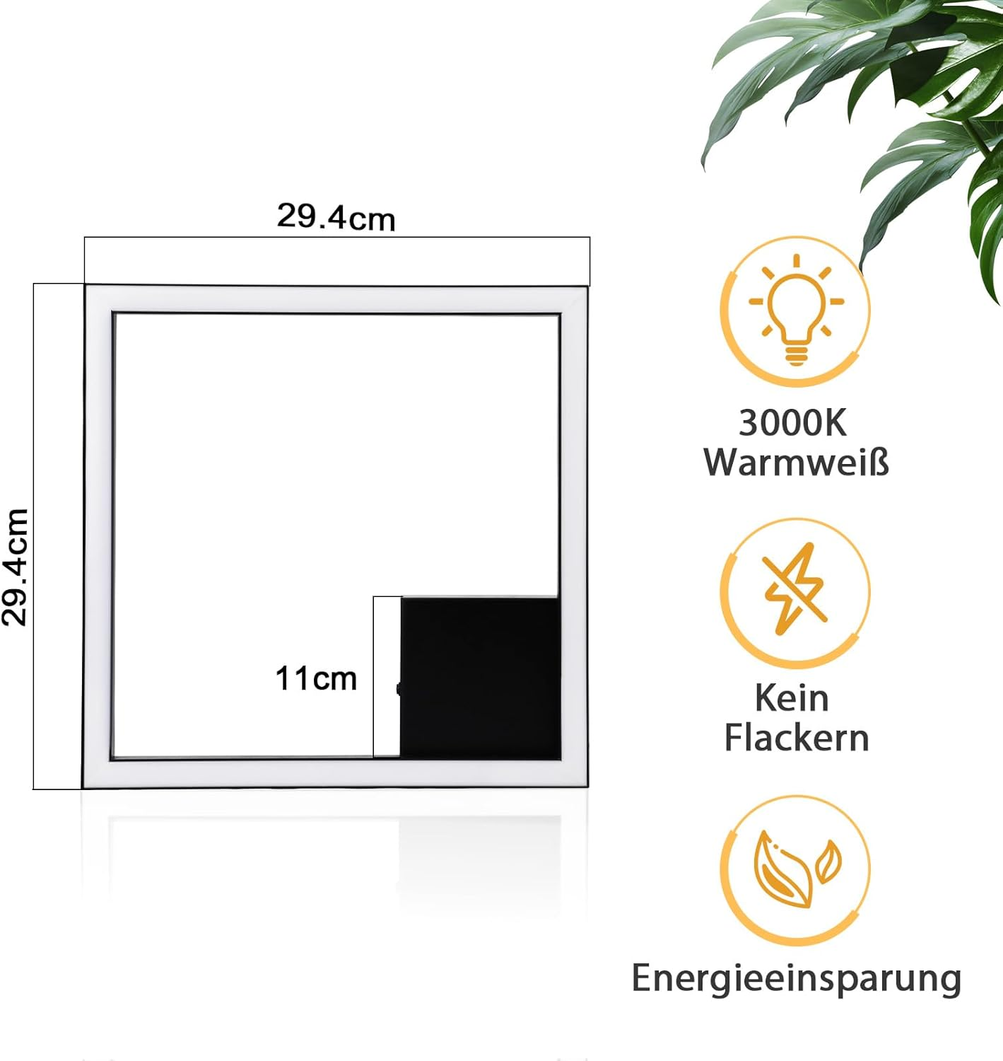 Una lámpara de techo cuadrada con centro negro y marco blanco. Dimensiones e iconos de blanco cálido, sin parpadeo y ahorro de energía.