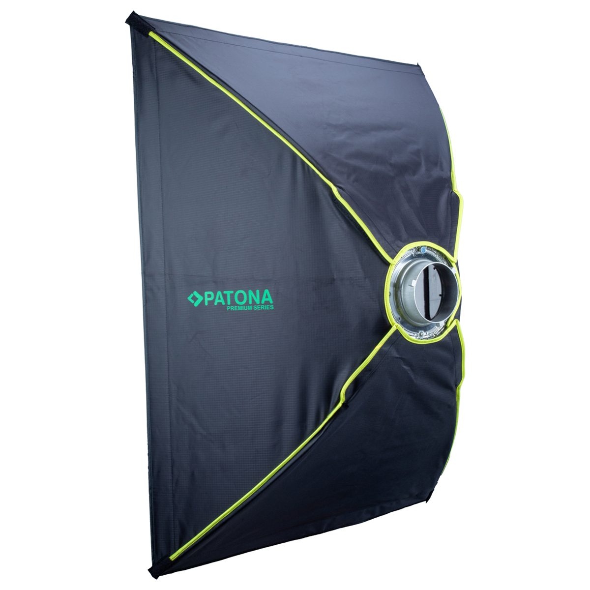 Schwarze und limettengrüne Softbox auf weißem Hintergrund. Das Licht ist abgewinkelt. Das Patona-Logo ist auf der Vorderseite sichtbar.