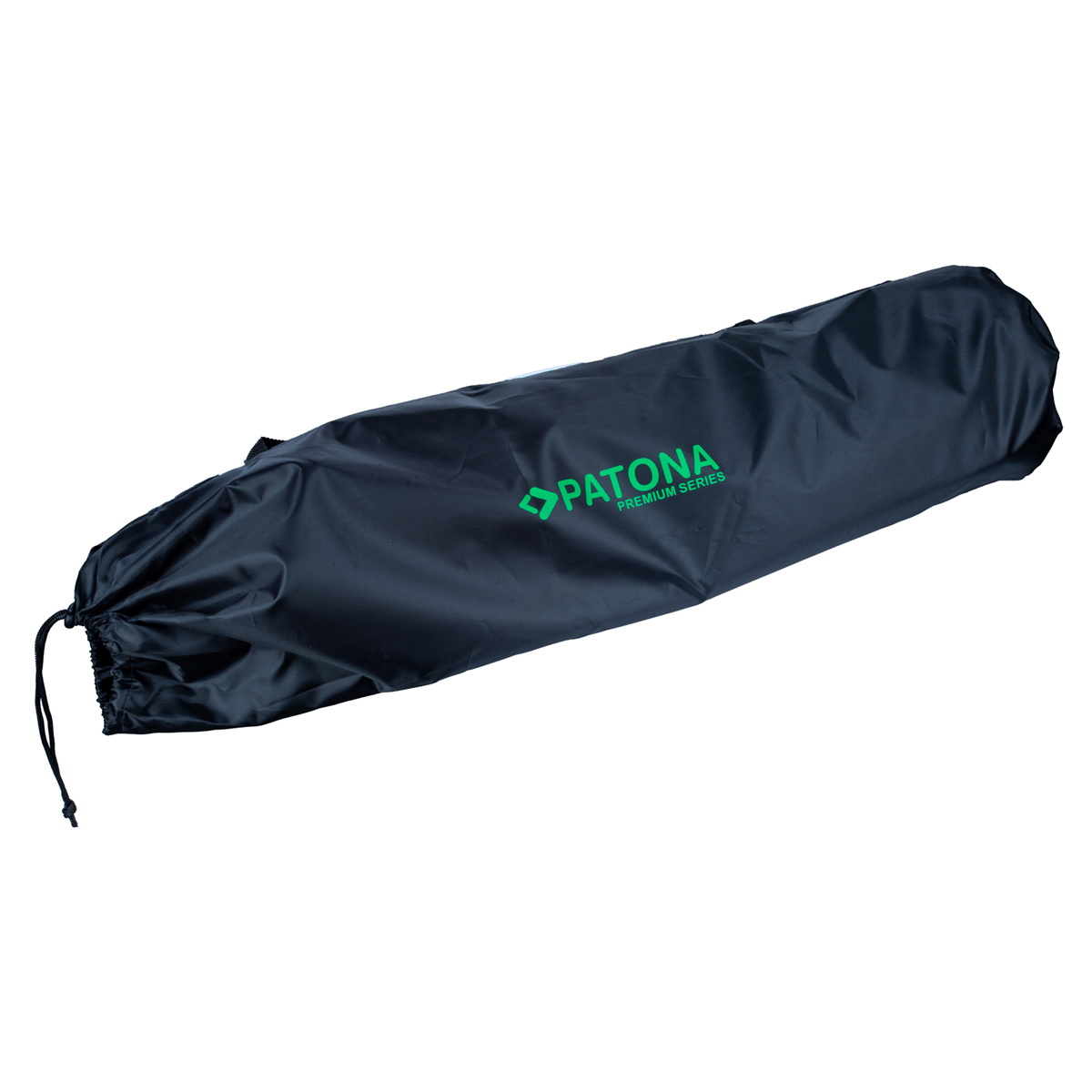 Schwarze, mit Reißverschluss versehene Tasche mit grünem 'Patona'-Logo. Kordelzugverschluss.