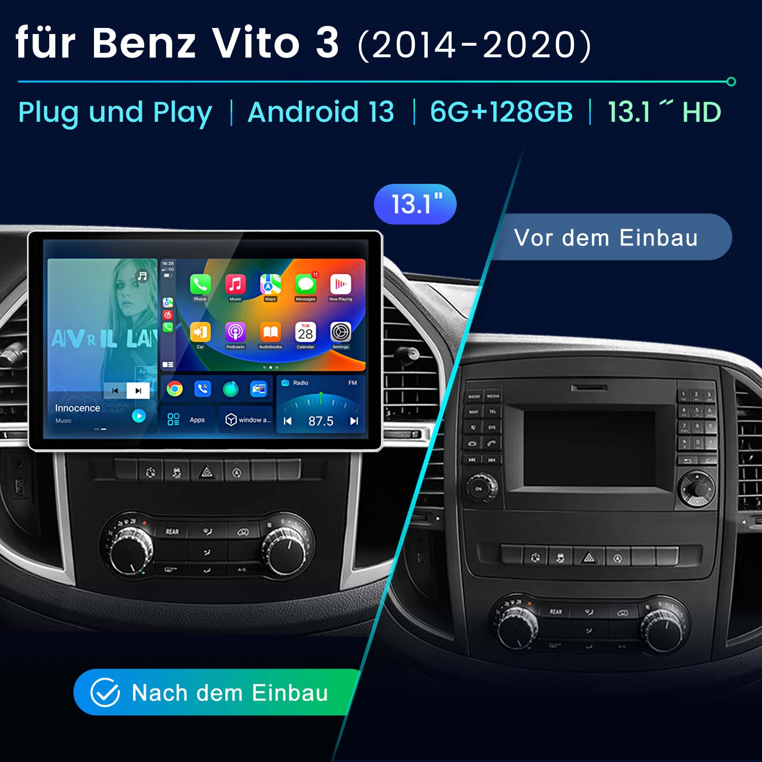 Auto-Multimedia-System vor und nach der Installation. Bildschirm zeigt Menü. Text sagt 'für Benz Vito'.