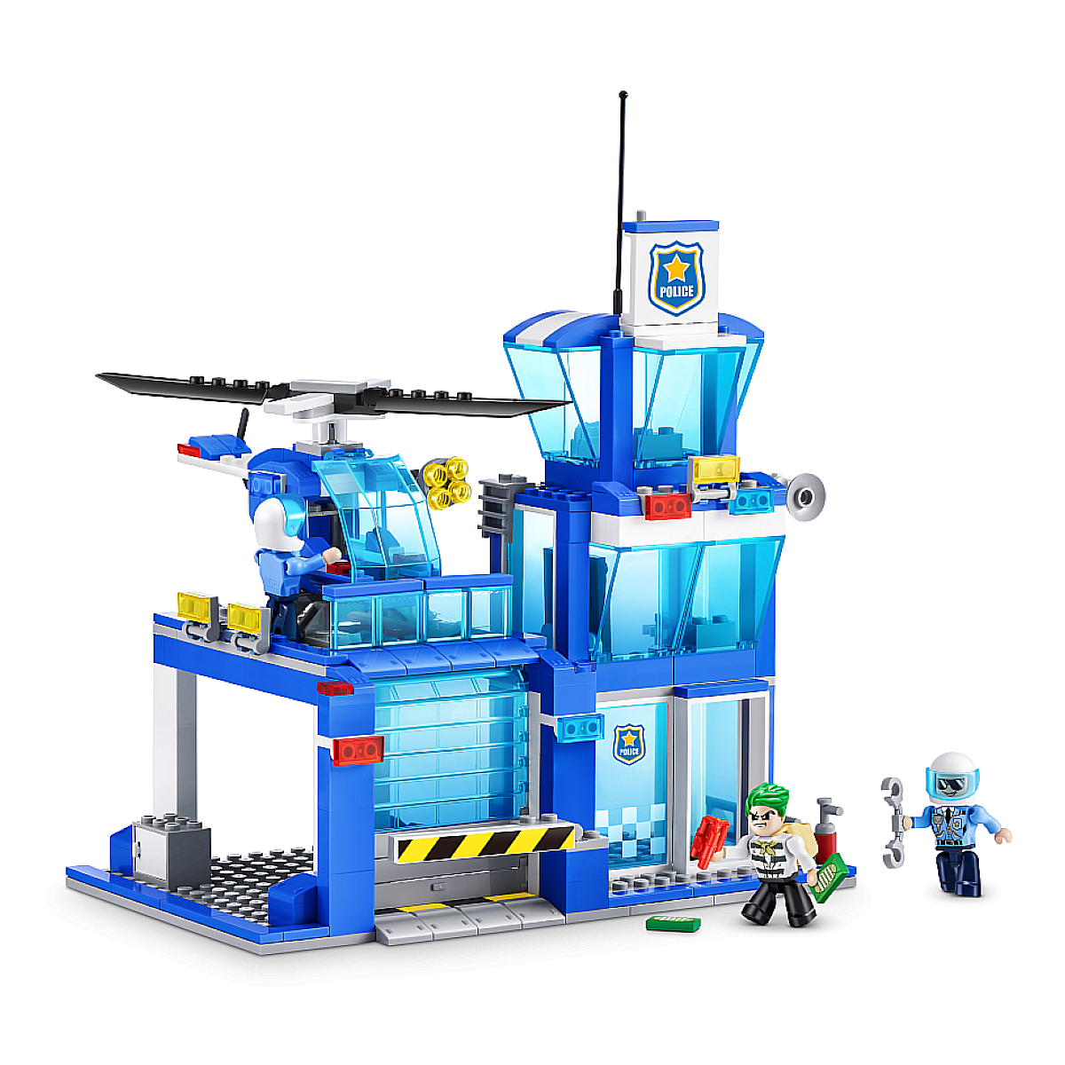 Un set della stazione di polizia Lego con personaggi di poliziotti e un criminale. Un elicottero.