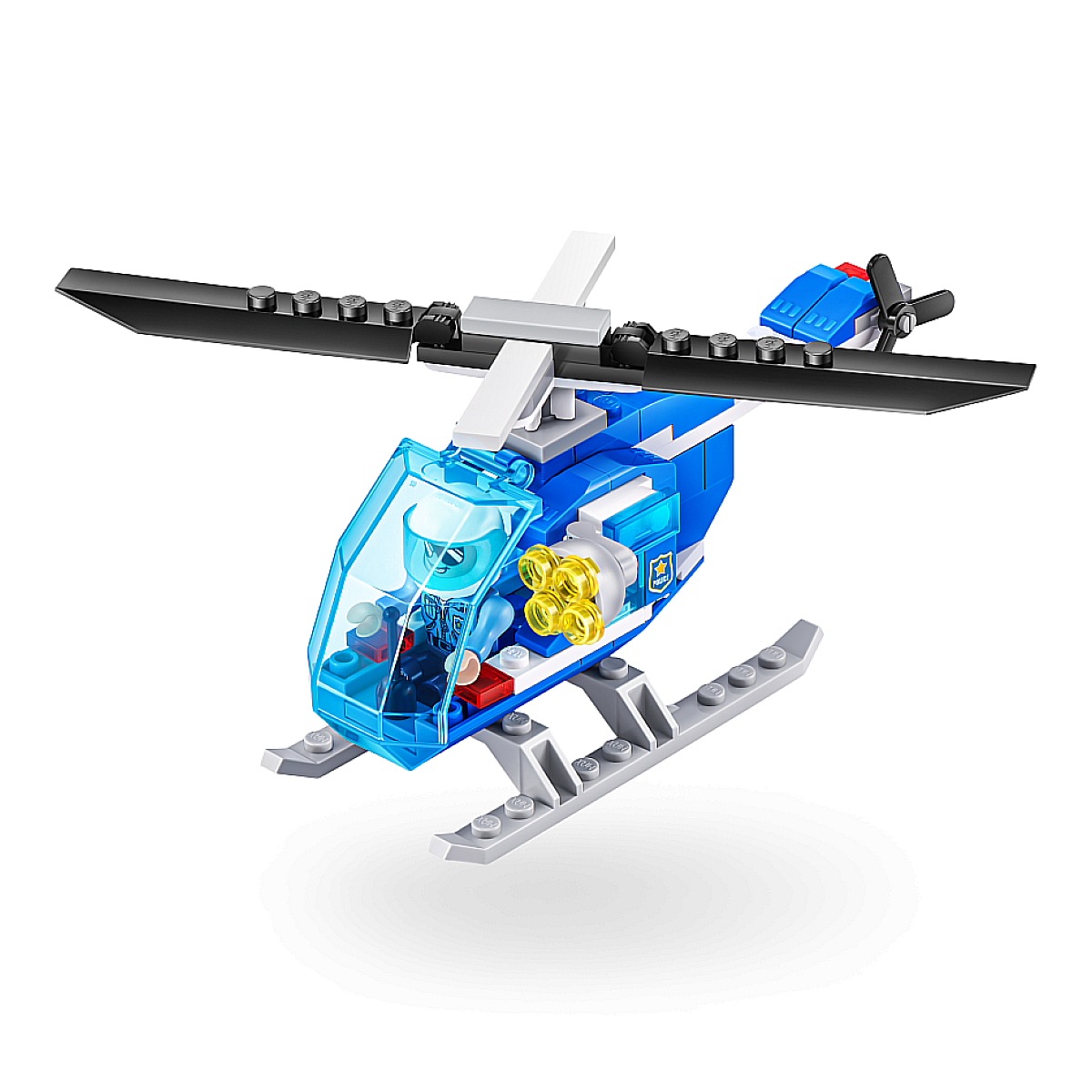 Un elicottero giocattolo blu e bianco con una figura di pilota.