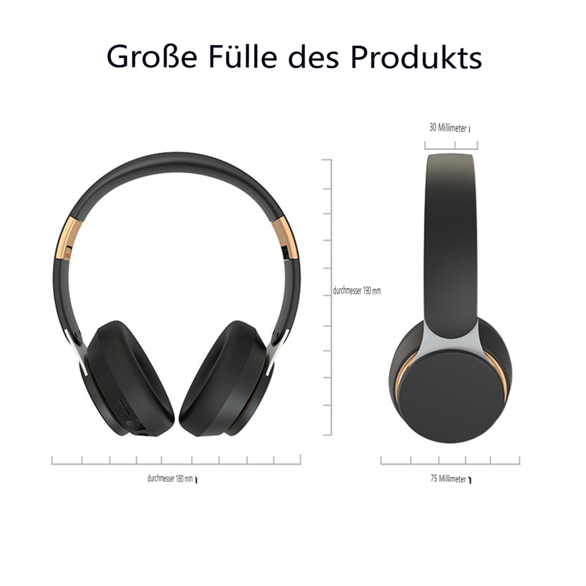 Schwarze und goldene Kopfhörer, mit Größenangaben aus verschiedenen Winkeln.