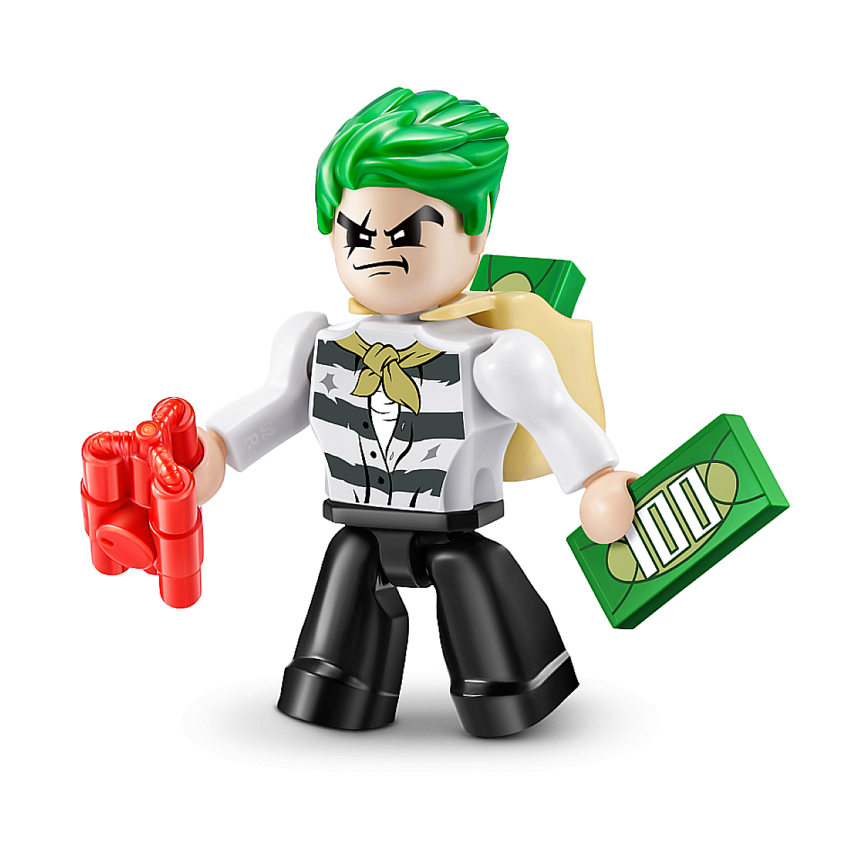 Una figura giocattolo di un cattivo dei cartoni animati, con i capelli verdi, che tiene in mano soldi e un oggetto rosso.