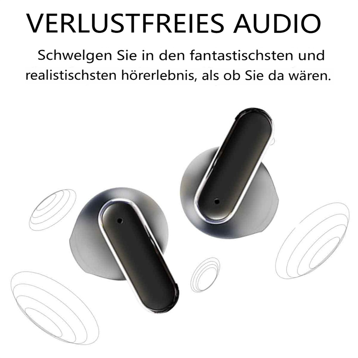Zwei schwarze und silberne Ohrhörer auf weißem Hintergrund. Text auf Deutsch oben.
