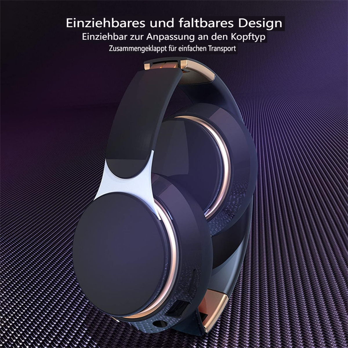 Schwarz-goldene Kopfhörer auf strukturierter Oberfläche, mit Text über faltbares Design.