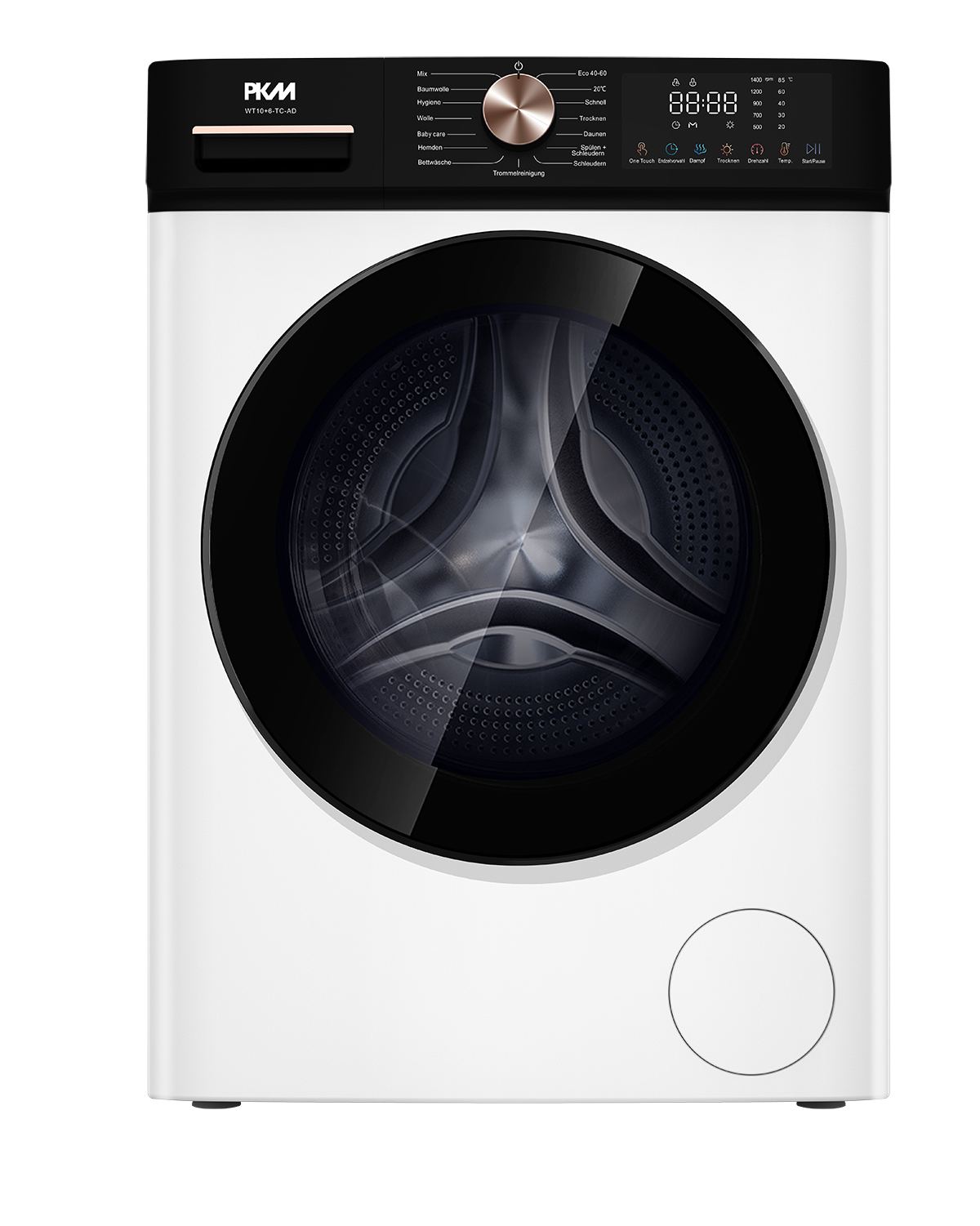Eine weiße Waschmaschine mit schwarzer Tür und Digitalanzeige auf schwarzem Panel.