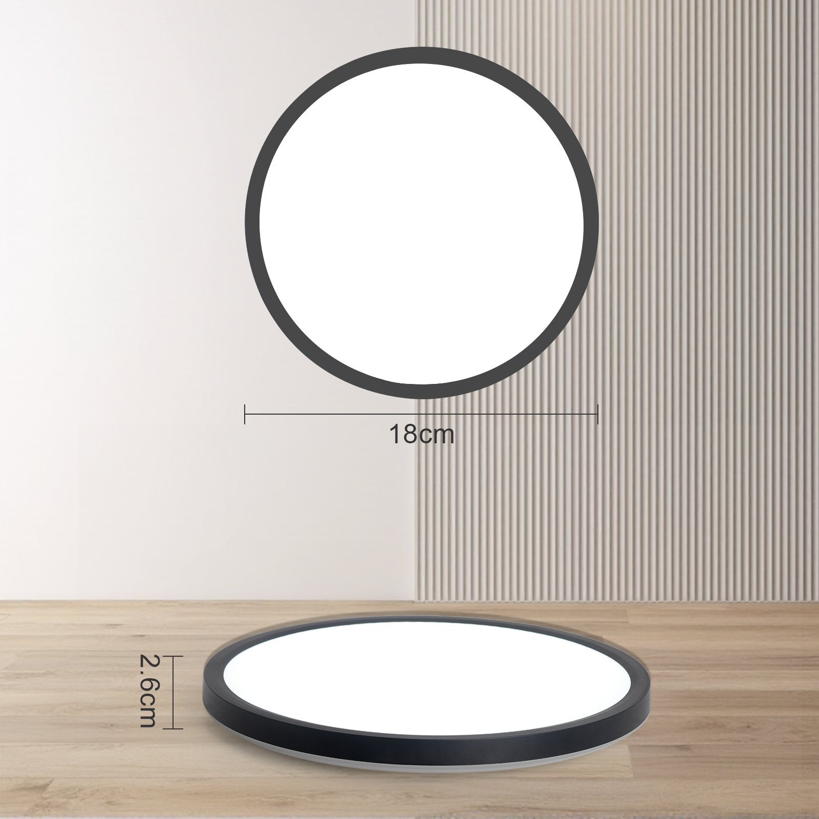 Una luz de techo LED redonda y negra, con dimensiones de 18 cm de diámetro y una altura de 2,6 cm.