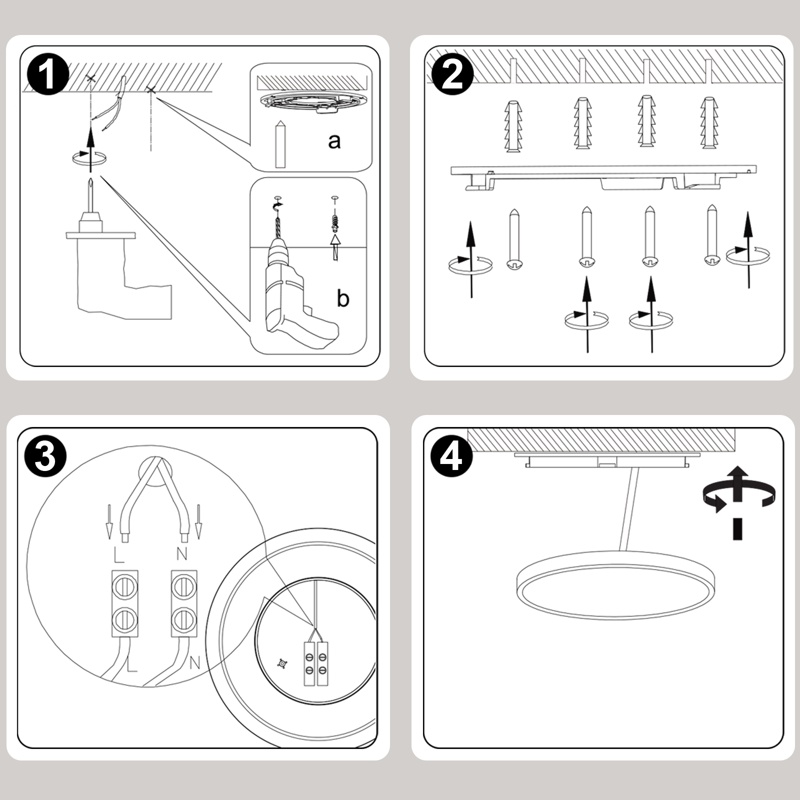 Instrucciones paso a paso para instalar una lámpara. Incluye diagramas con tornillos.