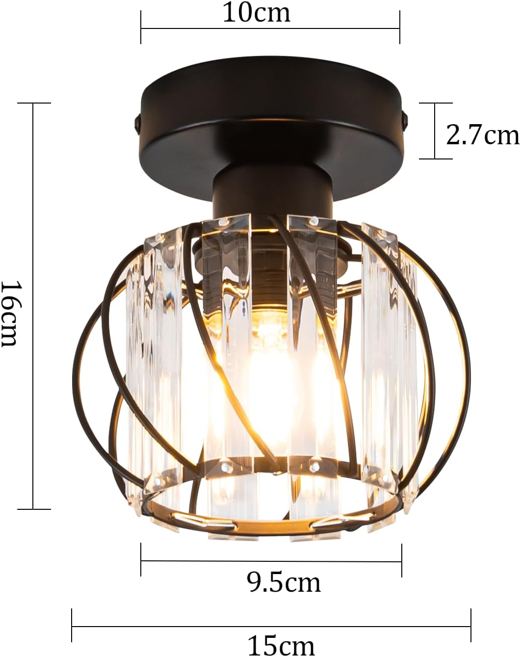 Czarna lampa sufitowa z kryształowymi zdobieniami. Wymiary są wskazane.