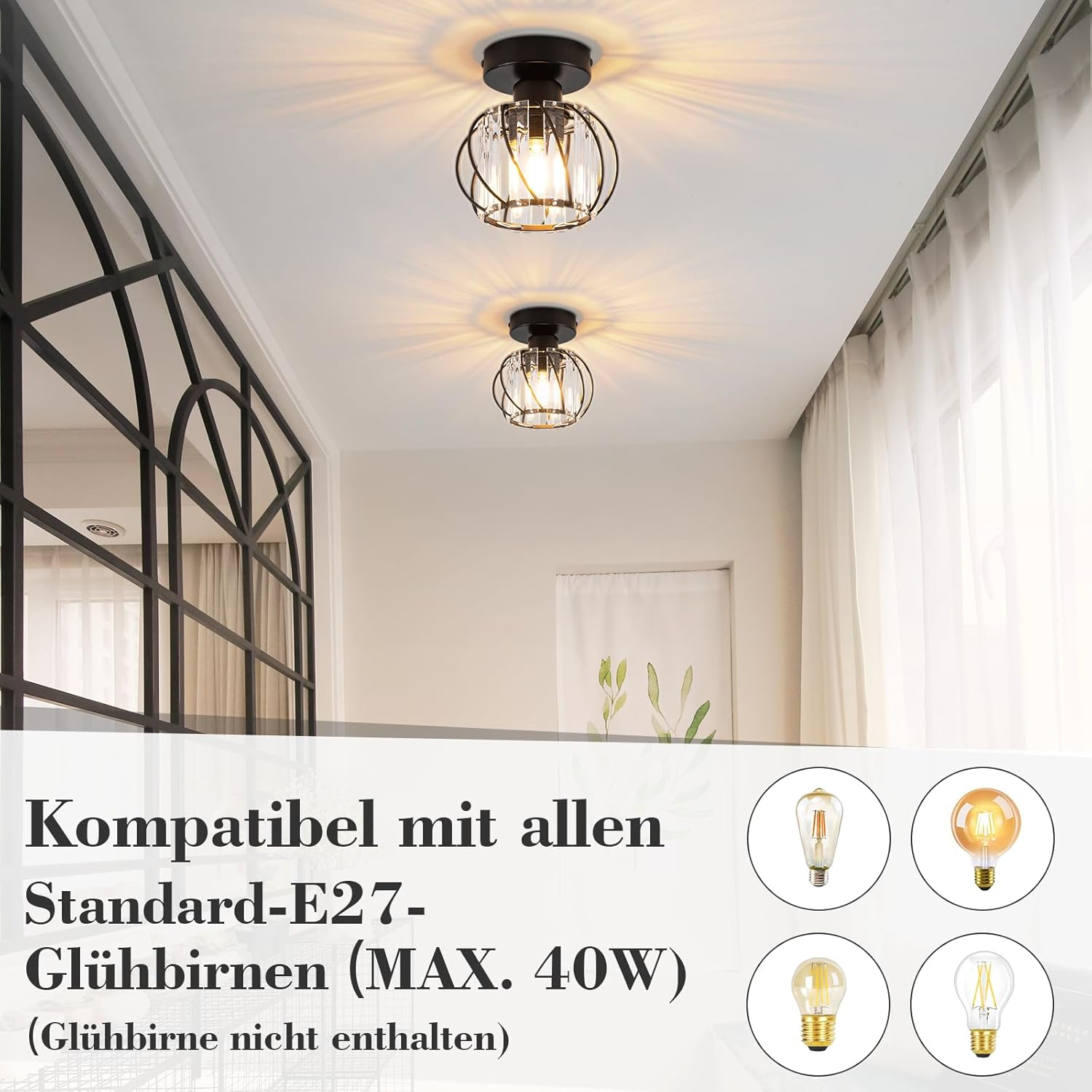 Dwie okrągłe lampy sufitowe z konstrukcją klatki ze szkła i metalu oraz wieloma żarówkami.