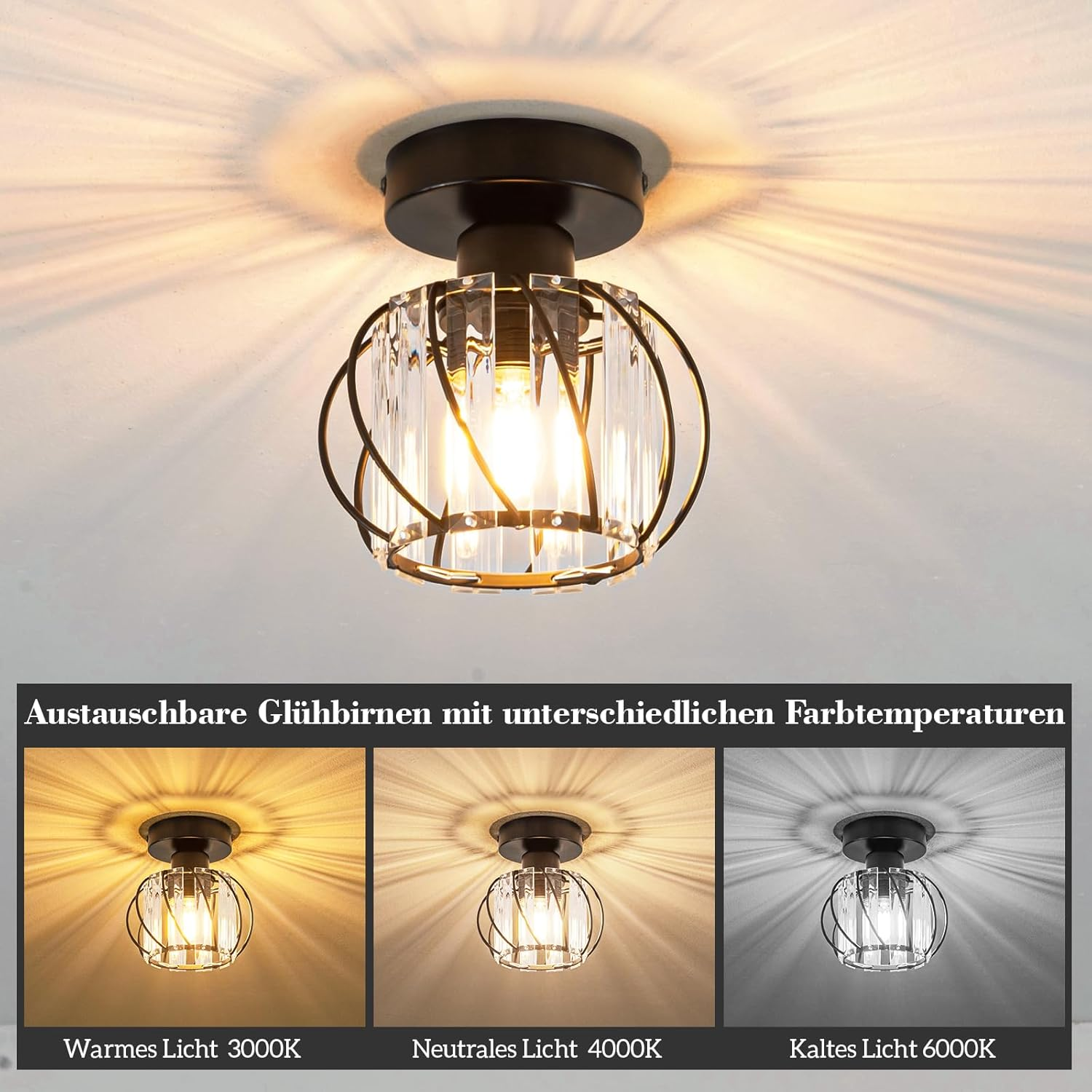 Lampa sufitowa ze szklaną kulą i metalową ramą, pokazano trzy opcje kolorystyczne.