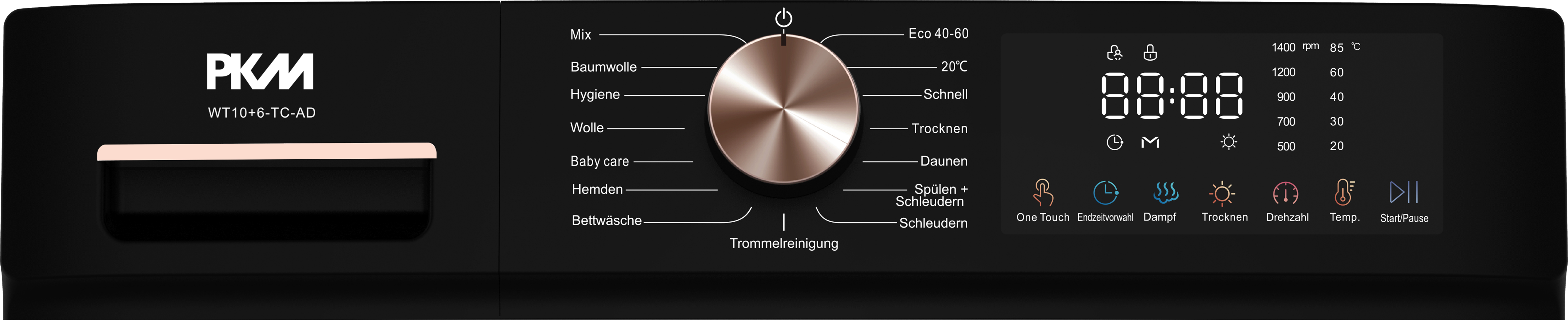 Waschmaschinen-Bedienfeld. Merkmale: Drehknopf, Digitalanzeige und mehrere Touch-Tasten.