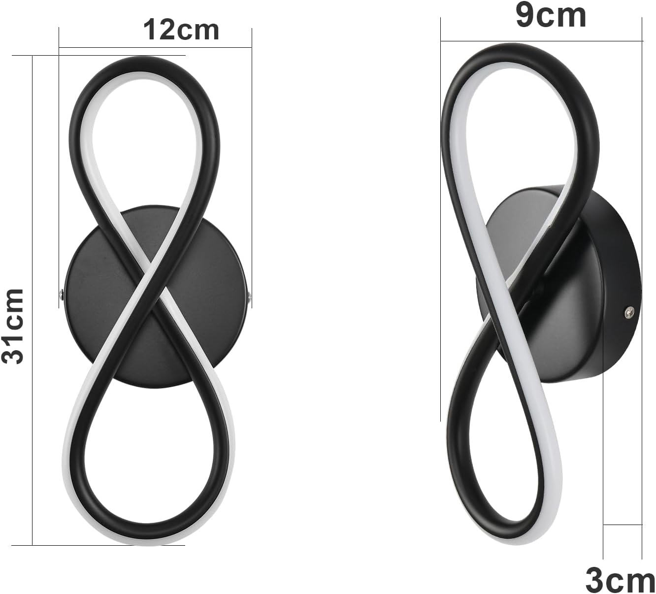 Due luci da parete a LED in bianco e nero a forma di infinito, con dimensioni.