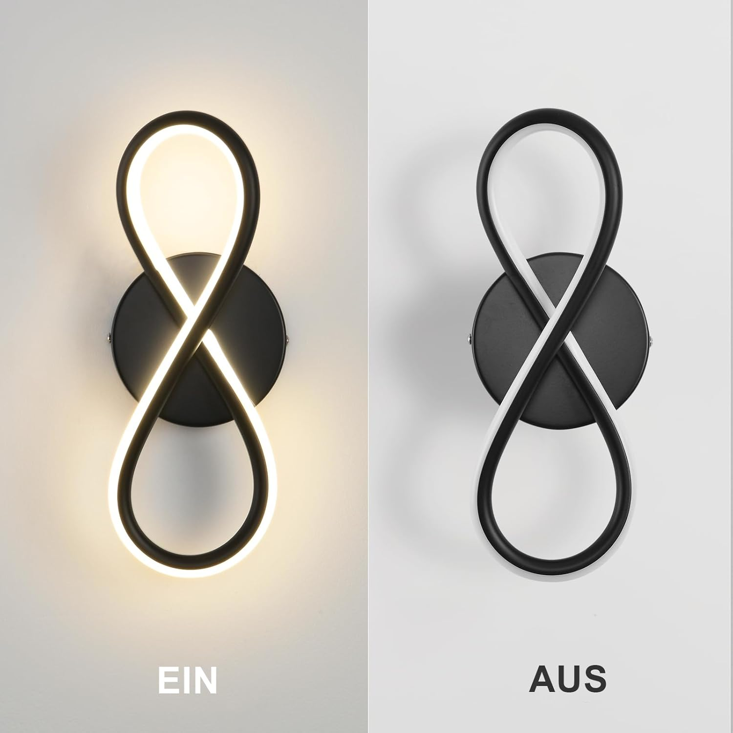 Due immagini che mostrano un apparecchio di illuminazione a simbolo di infinito, uno acceso e uno spento.