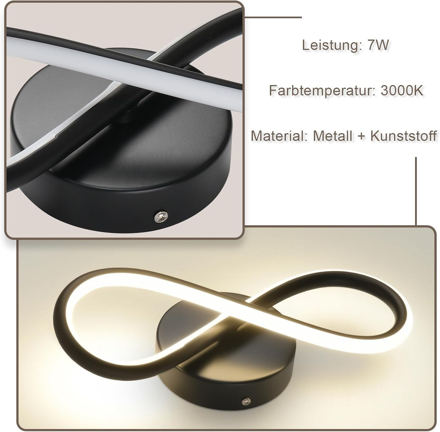 Lampada da parete a LED bianca e nera con design curvo, dettagli di potenza e temperatura.
